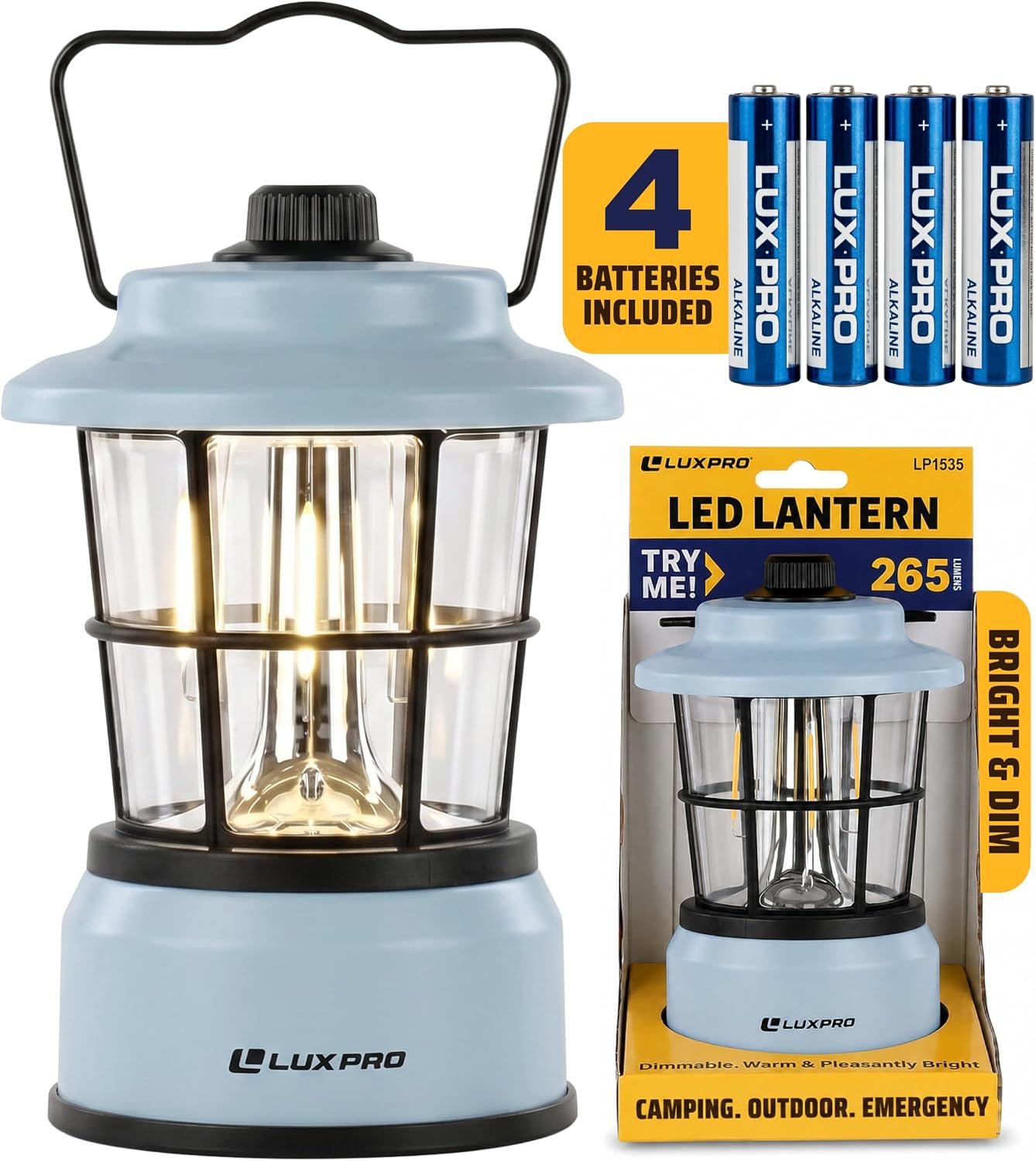 LUXPRO Retro LED Lantern – Battery-Powered Emergency Lantern – Water Resistant – Bright LED Lamp for Indoor & Outdoor Use – Use for Tents, Hiking or Hurricane Prep (Blue, Pack of 1)