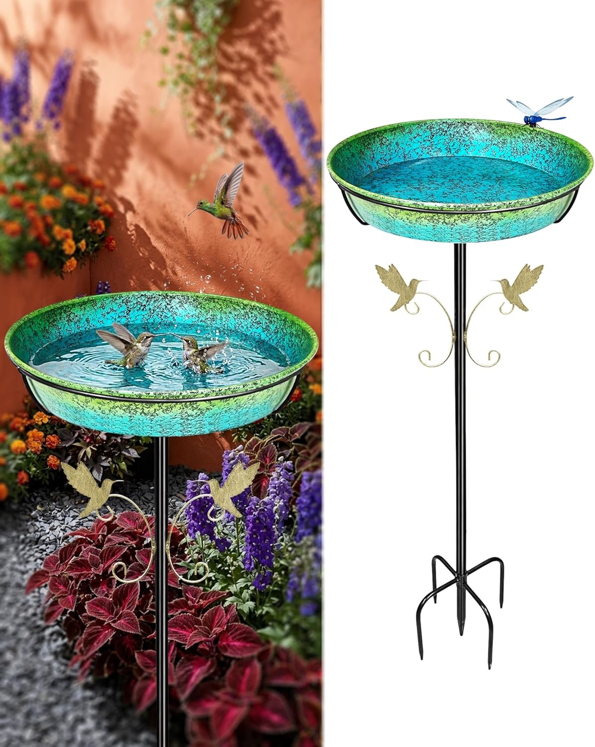 35″ Metal Bird Bath for Outside Standing Metal Bird Bath Stake in Ground Iridescent Blue Green Birdbath with Scientifically Designed Color Lure for Birds 12″ Detachable Bowl for Garden Patio Yard