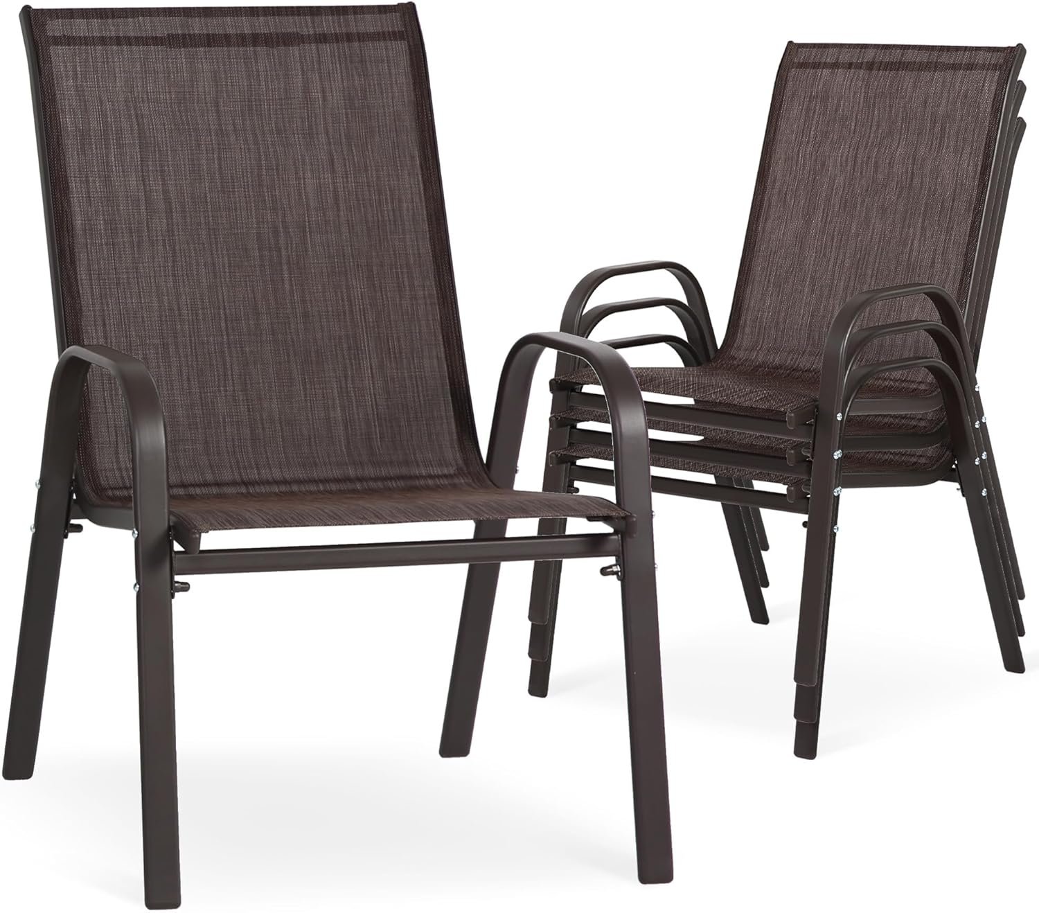 24.4″ Wide Outdoor Stackable Chairs Set of 4, Stacking Patio Chairs with Textilene Fabric, Outside Furniture for Garden Backyard Balconie Poolside Deck, Brown