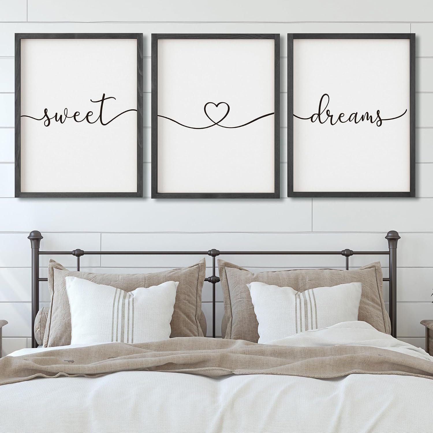 Set of 3 Framed Farmhouse Sweet Dreams Sign 11×14” Above Bed Wall Decor for Bedroom Decor Wall Art Wood Signs (11″x14″, Black)