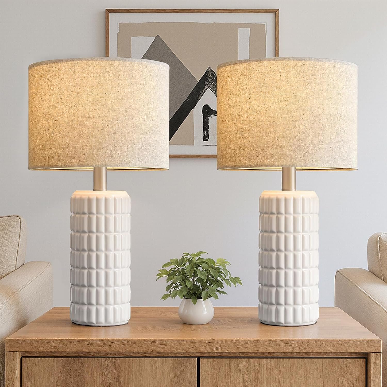 Seealle 23″ Modern Ceramic Table Lamps Set of 2 – Table Lamps for Living Room, Farmhouse Bedside Night Stands Lamp for Bedroom, White Nightstand Lamps Set of 2, Desk Lamp for End Table Home Decor