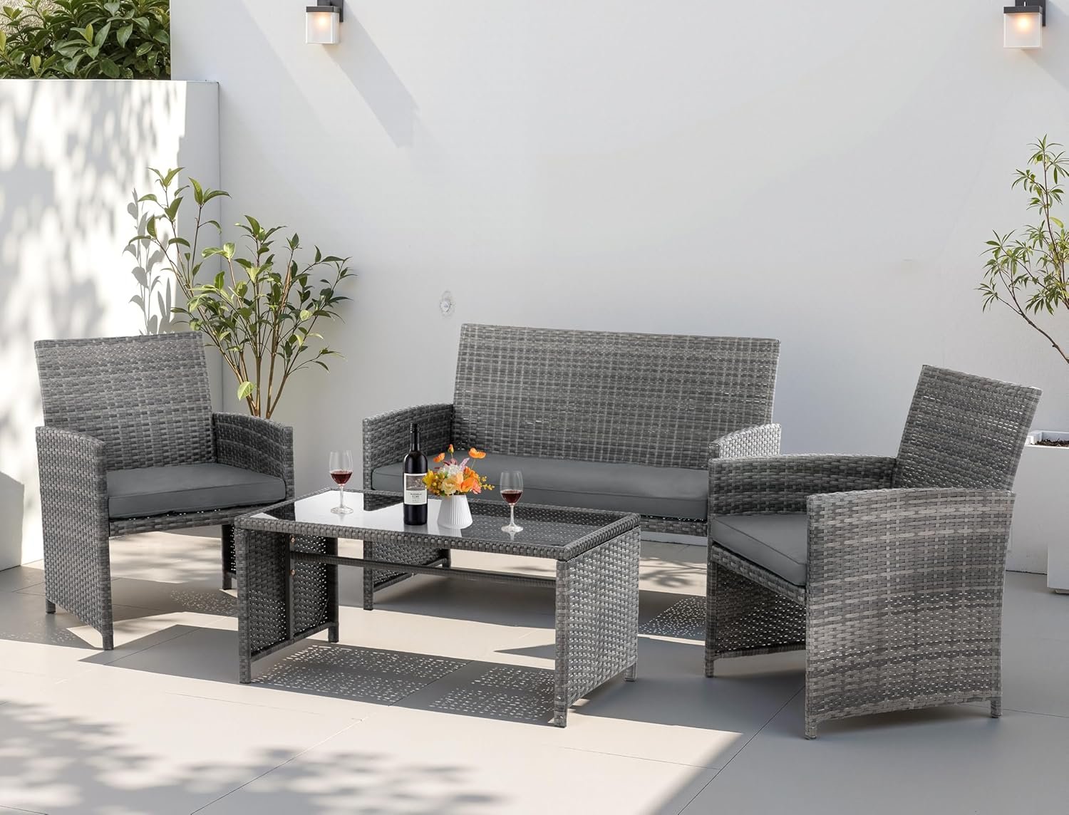 4 Piece Patio Ratten Set Outdoor Furniture Set Wicker Conversation Set with Cushions and Tempered Glass Tabletop,Grey