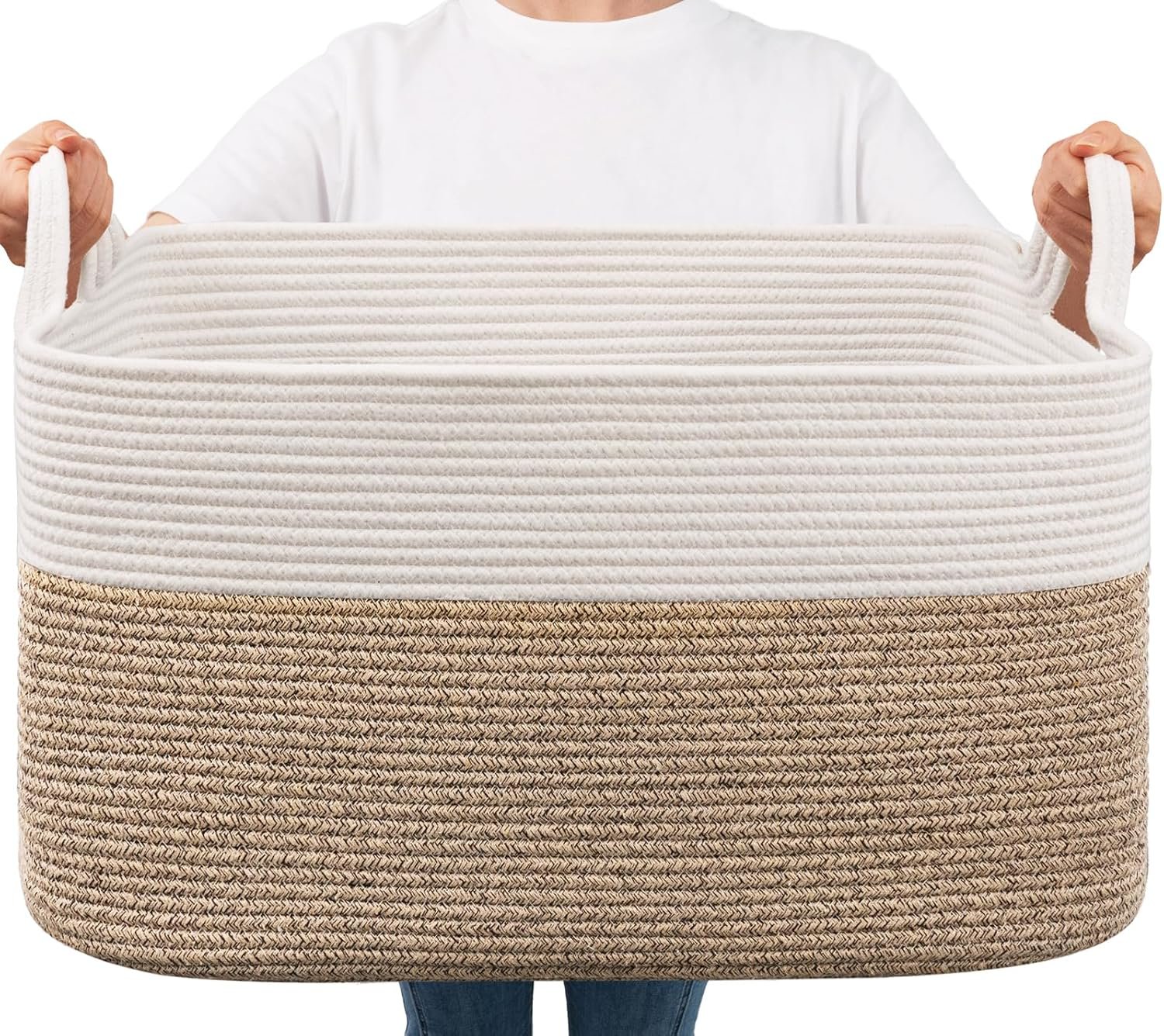 Goodpick Large Woven Blanket Basket, 21.6″ x 14.9″ x 11.8″ Storage Baskets for Organizing, Rectangle Cotton Rope Toy Basket for Living Room, Bedroom, White & Brown