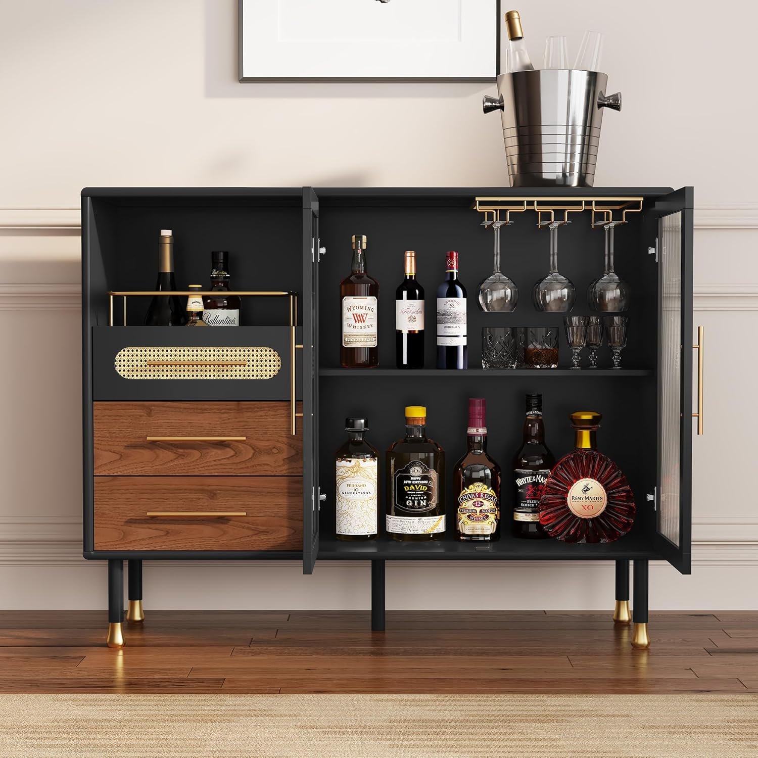 ARTPOWER 48″ Coffee Bar Cabinet with Wine Racks and Drawers, Modern Buffet Sideboard with Pull-Out Wine Storage, Liquor Bar Cart for Kitchen, Dining Room, Living Room (Black)