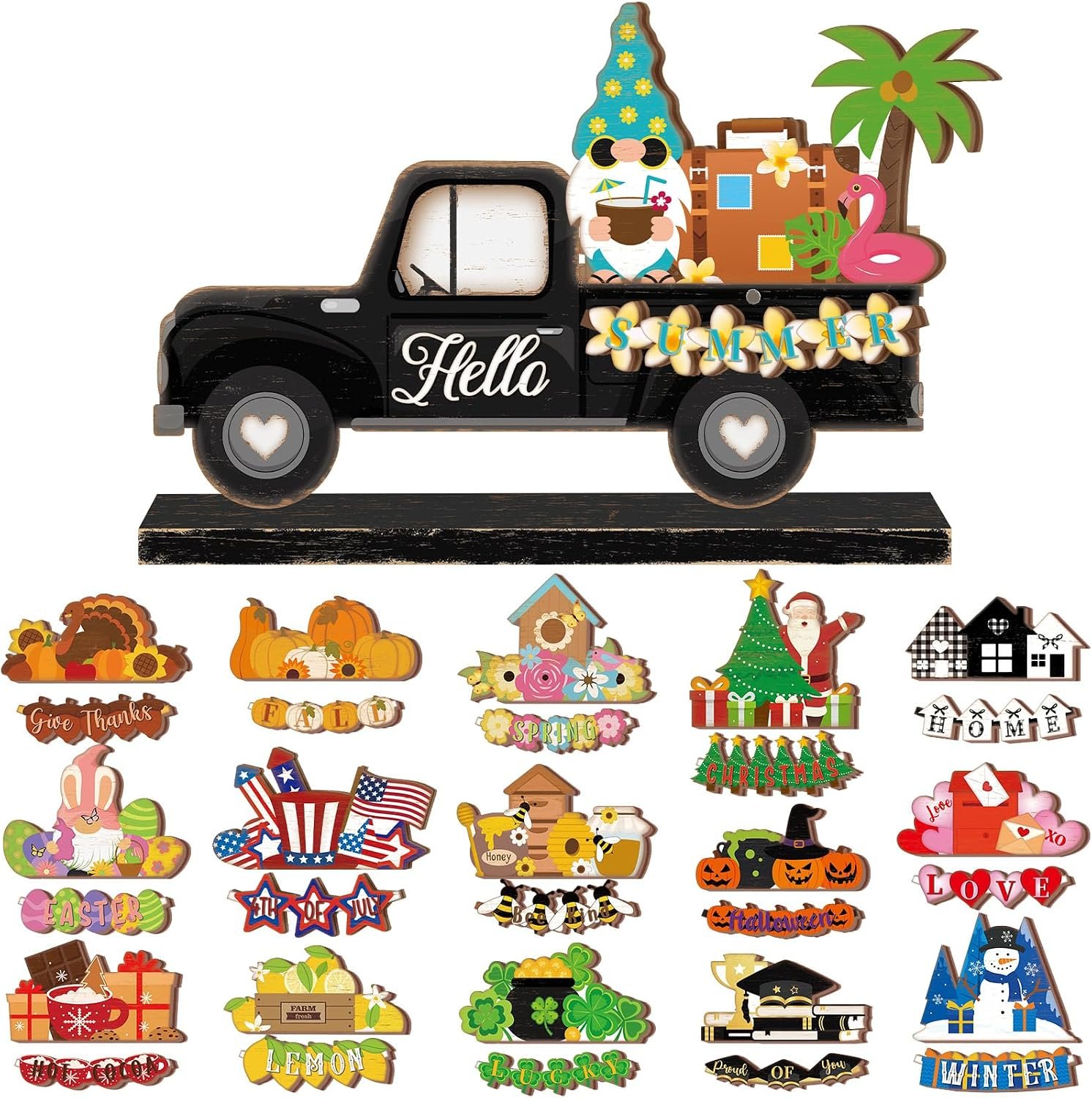 34 Pcs Small Interchangeable Truck Holiday Decor Summer Hawaii Gnome Table Centerpiece Seasonal Sign Farmhouse Wood Home Office Desk Accessories Memorial Day Tiered Tray Decorations Gift