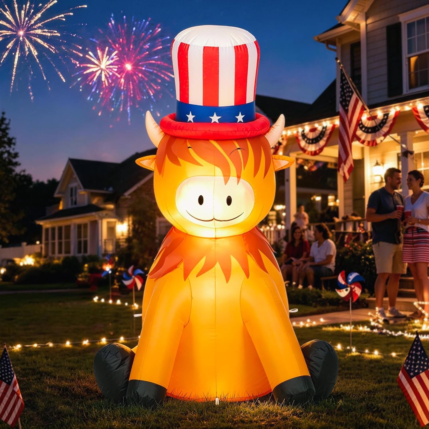 TISEJOY 4 FT Tall 4th of July Inflatables Yard Decorations Highland Cow, 4th of July Blow Ups Outdoor Waterproof with Built-in Bright LED Lights for Neighborwars