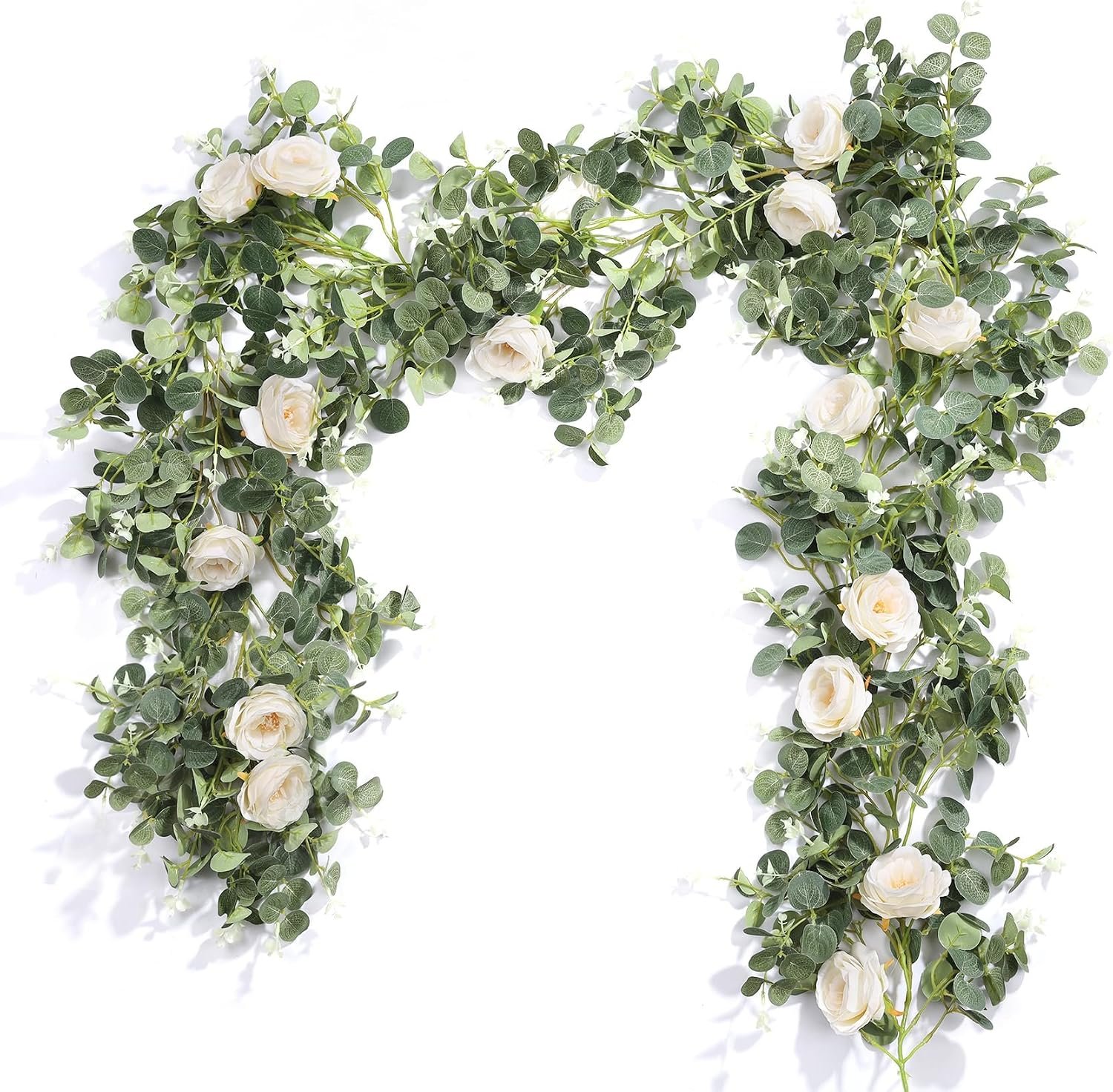 Der Rose 2 Pcs 13FT Artificial Flower Garland Wedding Decor, White Rose Eucalyptus Greenery Garland with Flowers & Floral Garland for Table Runner Flower Arch Backdrop