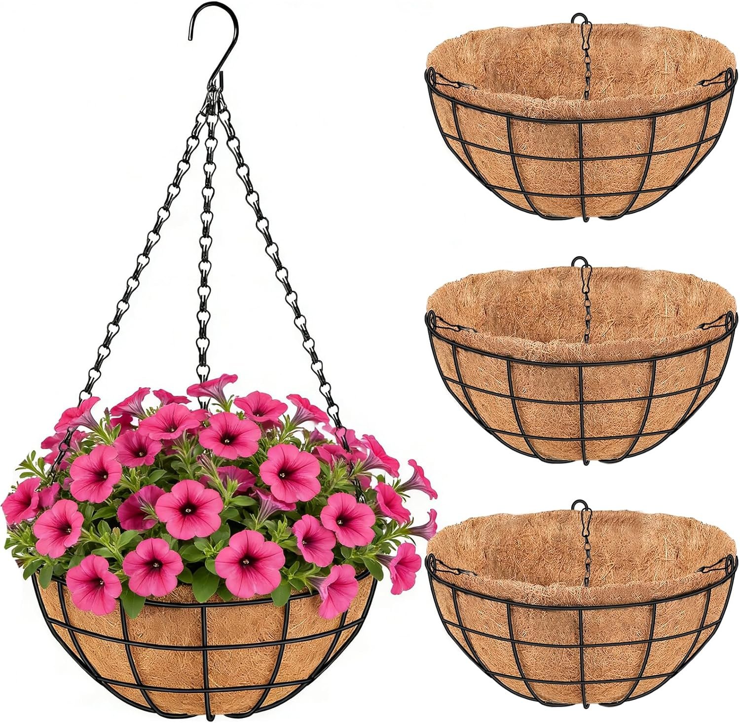 16 Inch Hanging Planters for Outdoor Plants,4 Pack Large Hanging Baskets for Plants Outdoor Metal Hanging Baskets with Thick Coco Coir Liners, Round Flower Pots for Porch Garden Ferns & Petunias