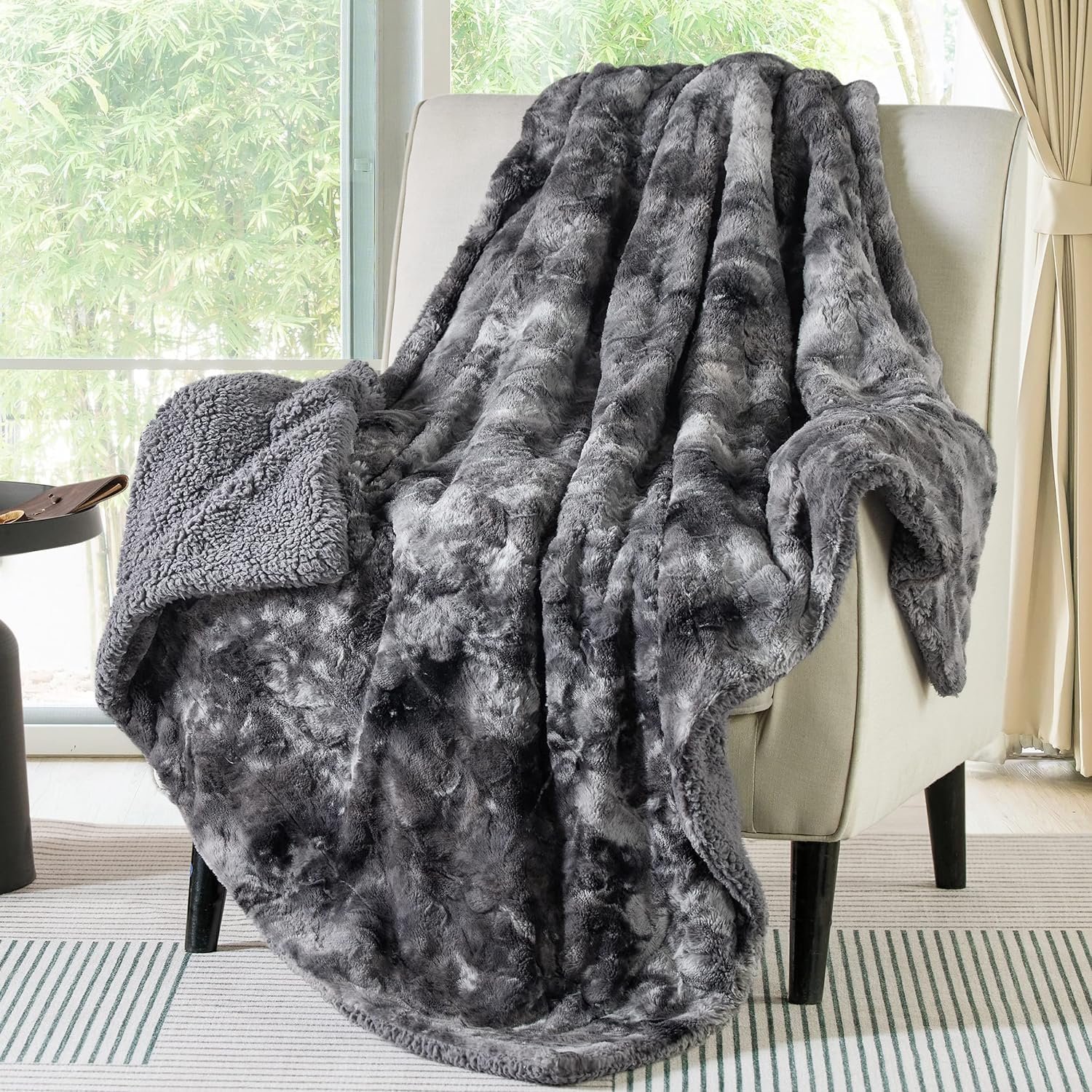 Bedsure GentleSoft Sherpa Fluffy Throw Blanket – Fleece Warm and Cozy Throw for Women Gift, Plush & Fuzzy Faux Fur Blanket for Couch, Sofa, Bed Decor, Tie Dye Design, Grey, 50×60 Inches