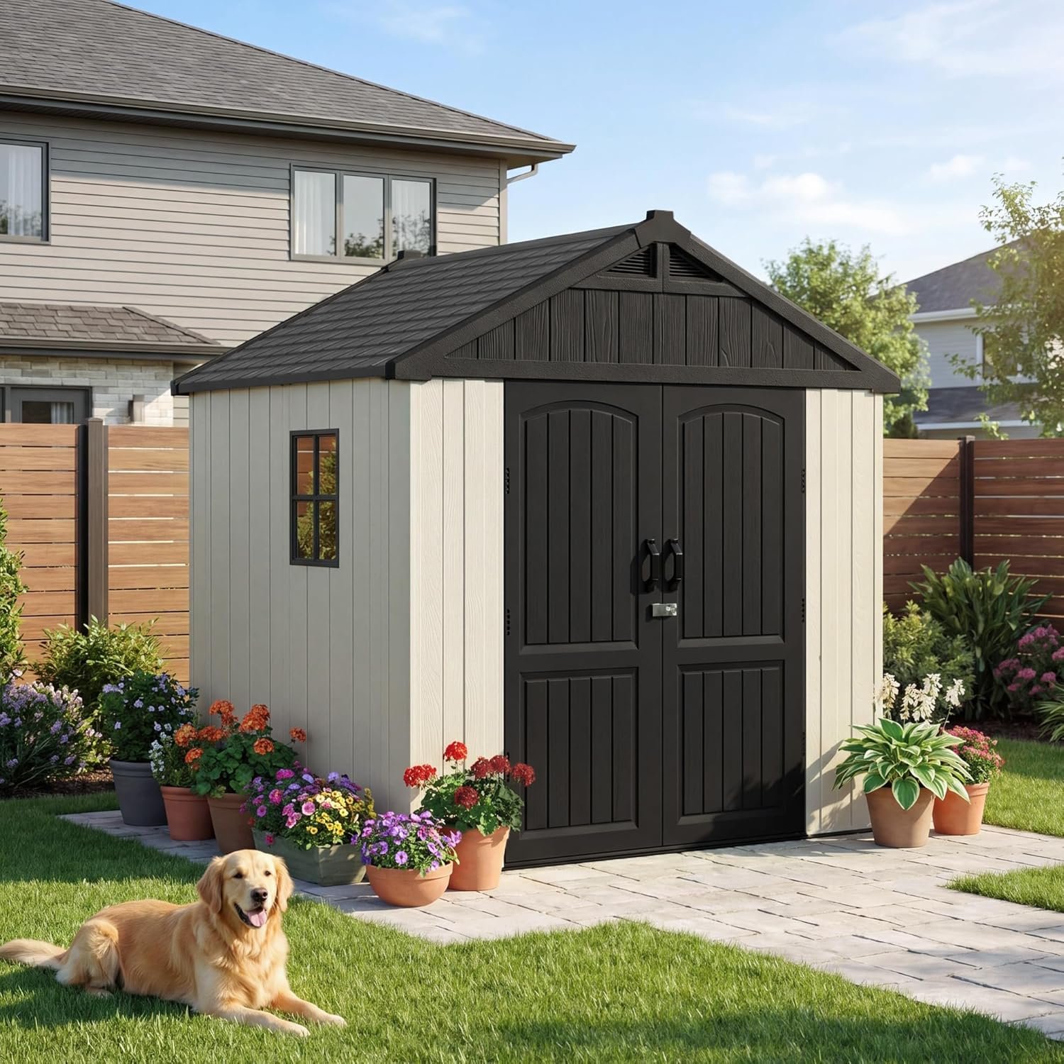 Devoko Plastic Outdoor Storage Shed with Floor, 8 x 6 FT Resin Tool Garden Shed with DIY Window and Lockable Door, Outside Kick-it Shed for Patio,Garden, Backyard, Lawn, Beige