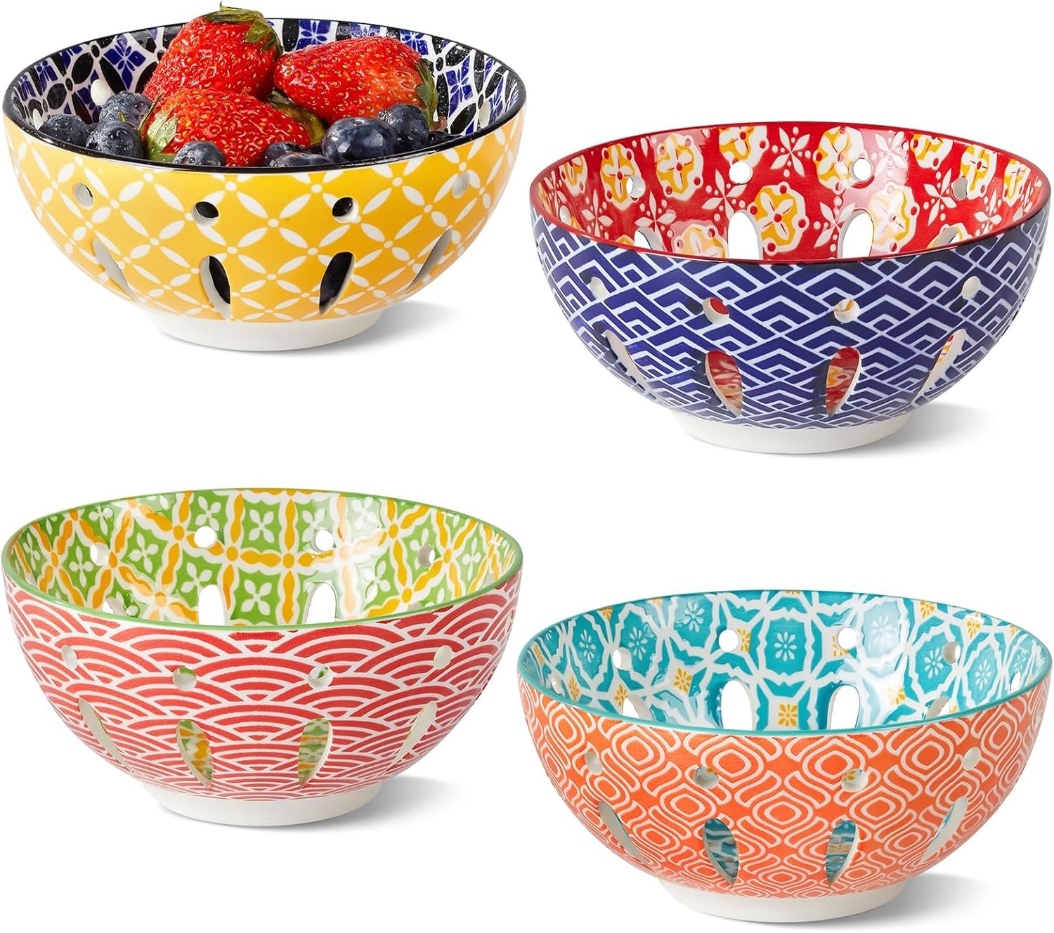 Metahom Ceramic Berry Basket, 6″ Colorful Fruit Bowl, Round Berry Colander, Cute Small Container for Strawberry, Fruit Basket for Kitchen Counter, Set of 4