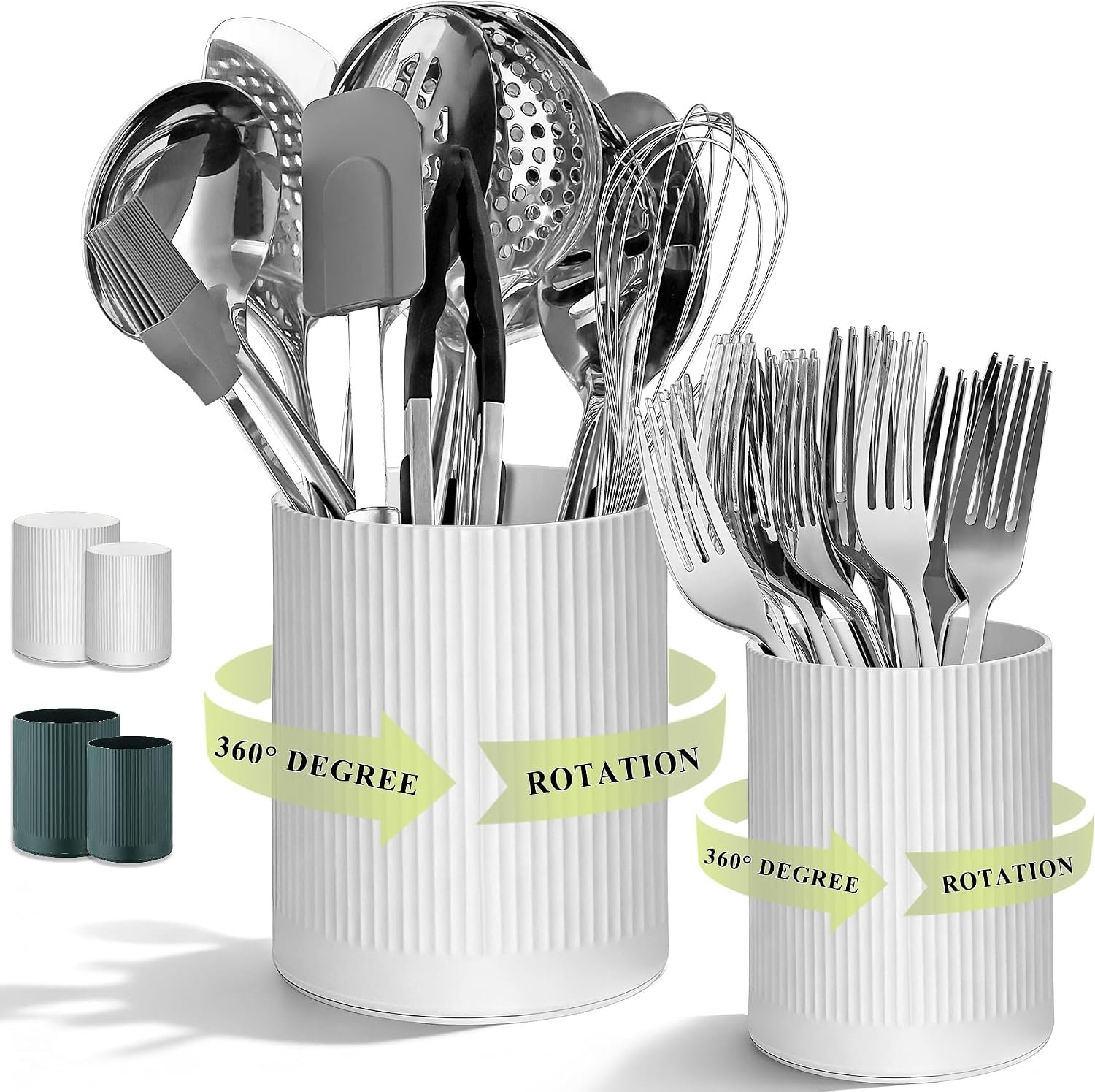 HOMQUEN 360° Rotating Utensil Holder, 6.3”+4.7” Plastic Kitchen Utensil Holder for Countertop, Large Cooking Utensil Crocks for Kitchen Decor, Utensil Organizer for Spatula, Set of 2 (White)