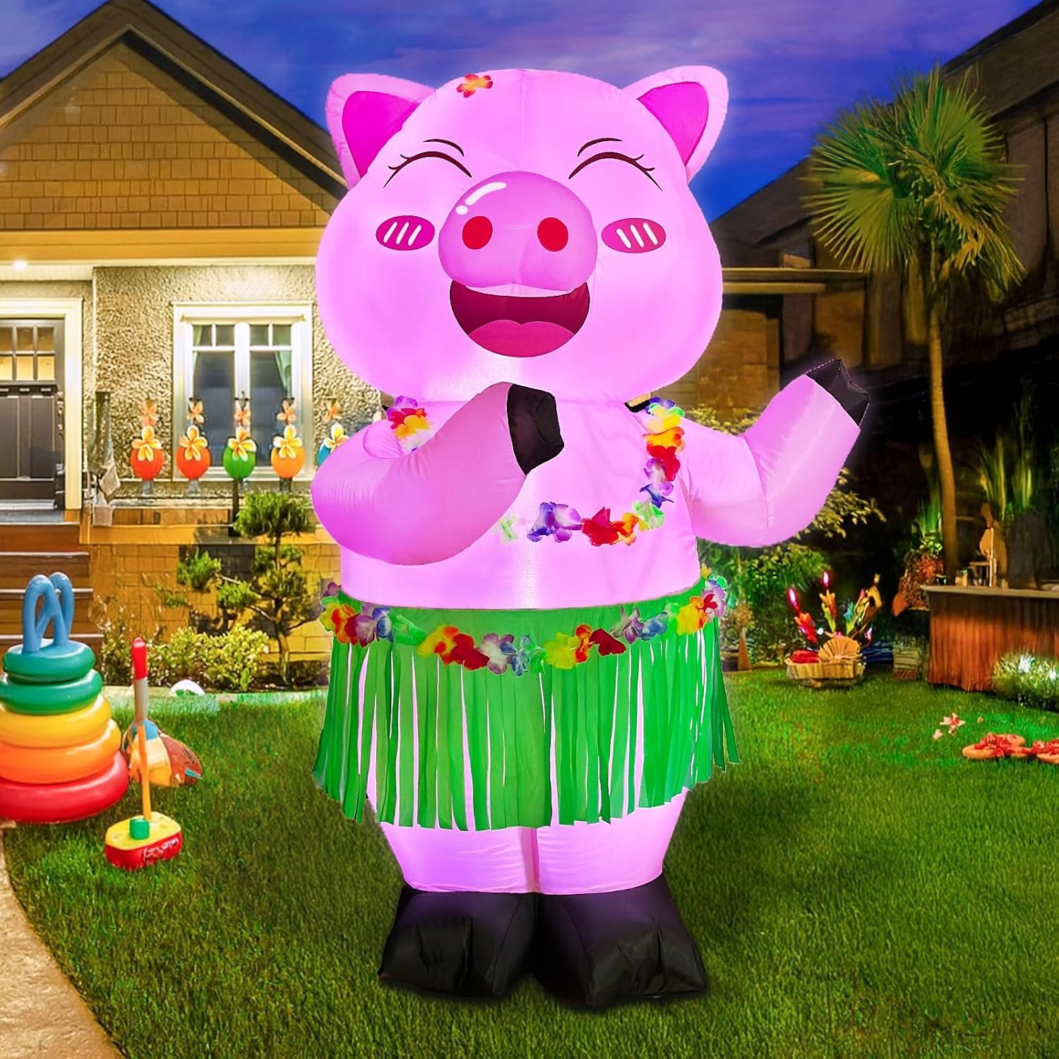 OurWarm 5FT LED Lighted Hawaiian Luau Inflatable Pig with Blower, Summer Inflatable Outdoor Decoration Blow Up Pig, Inflables para Fiestas, Tropical Inflatable for Yard Garden Beach