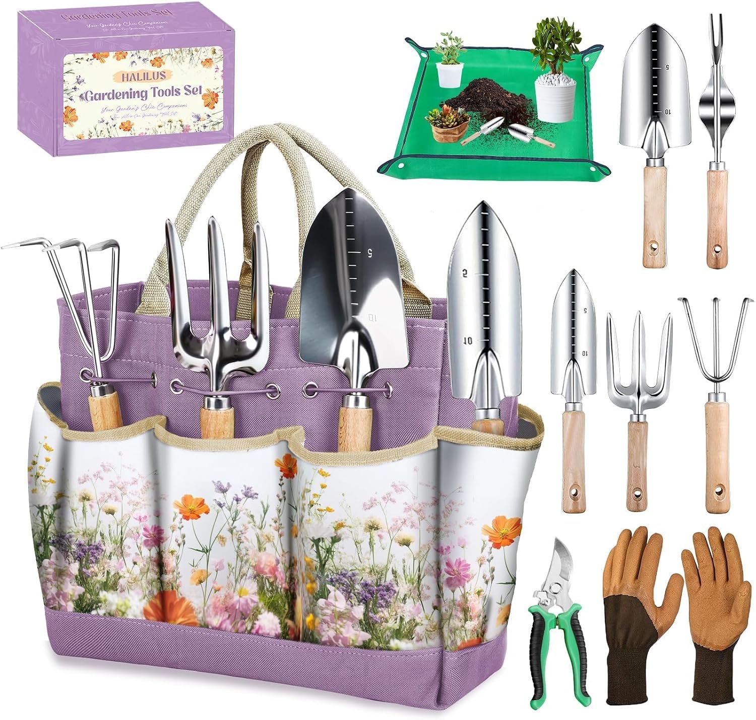 Gardening Tools 9-Piece Heavy-Duty Garden Tools Set, Stainless Steel Garden Hand Tools with Purple Floral Tote Bag and Repotting Mat Garden Supplies Kit Gifts for Women