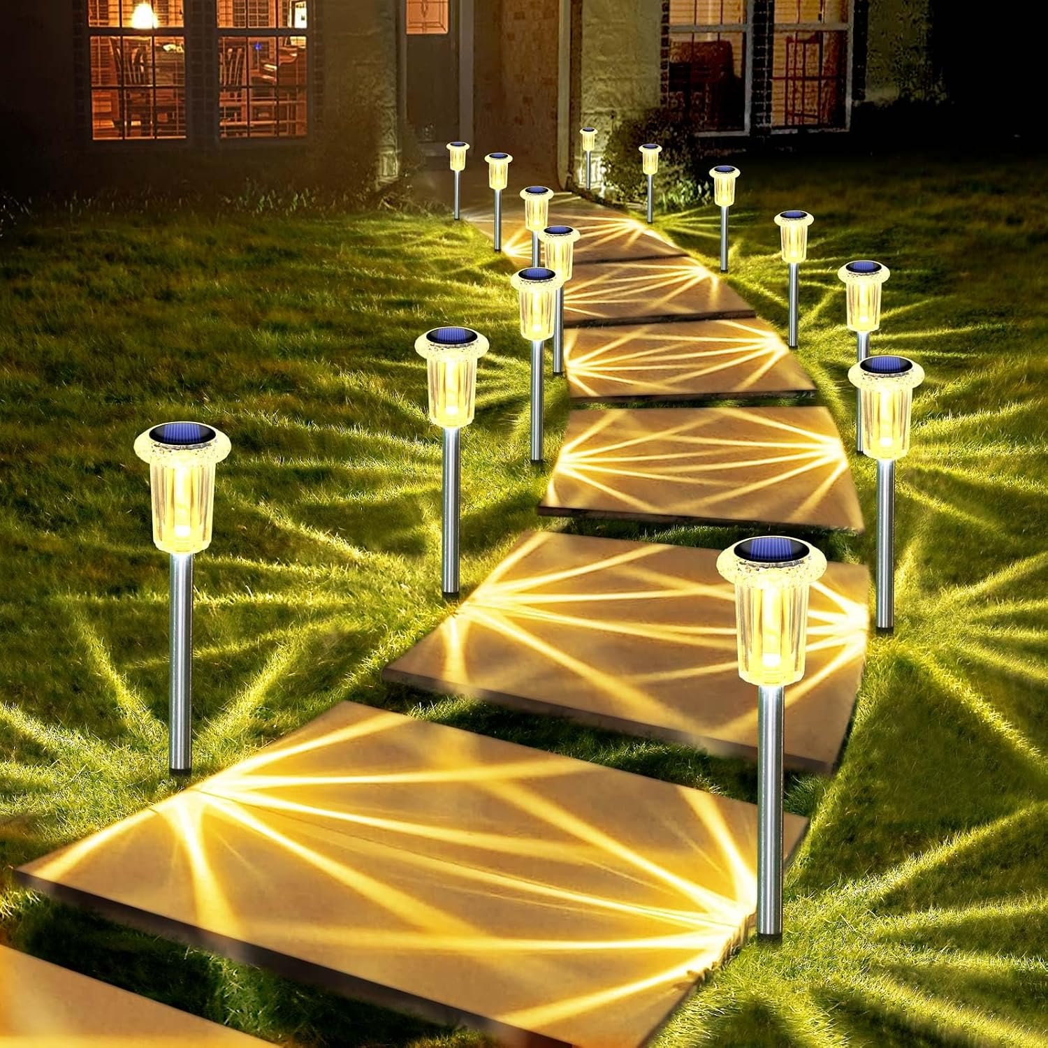 DenicMic Solar Garden Lights Outdoor Waterproof 3000K Warm White LED 10Pack | Pathway Walkway Driveway Yard Garden Decor for Outside Starburst Pattern, Acrylic Diamond-like Lampshade Stainless Steel Pole