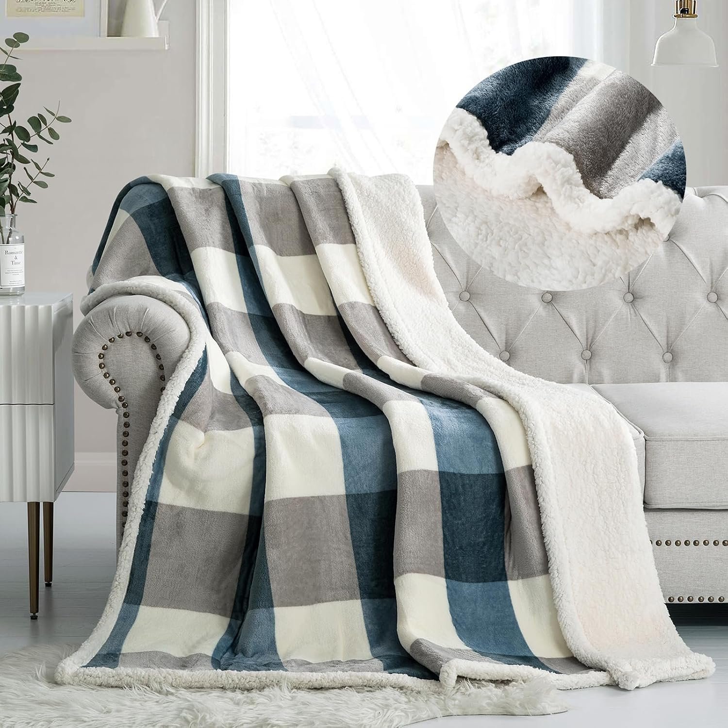 PU MEI Sherpa Fleece Throw Blanket 60″ x 80″ Reversible Plush Fluffy Large Big Blanket Lattice Flannel Blankets for Sofa Couch Bed (Grey-Soft Blue, 60″*80″)