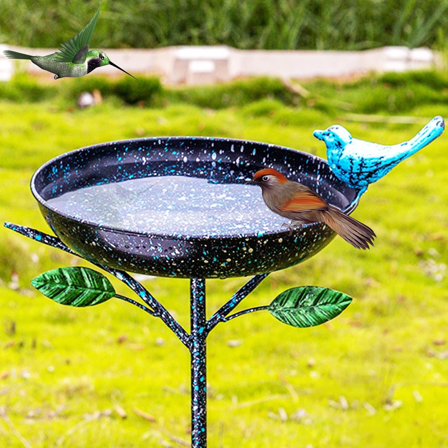 Bird Baths for Outdoors, 41″ Tall Black Birdbath with Stake, Metal Bird Baths & Feeder with 9.4″ Bowl & Decorative Cast Iron Bird for Outside Garden Yard Decor