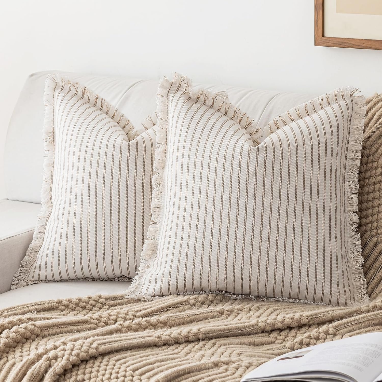 YEENAASY Throw Pillow Covers 18×18 Set of 2 Striped Fringe Pillow Cover Farmhouse Cushion Covers with Tassel Neutral Boho Pillows Decorative Square Pillowcase for Couch Sofa Bed, Khaki