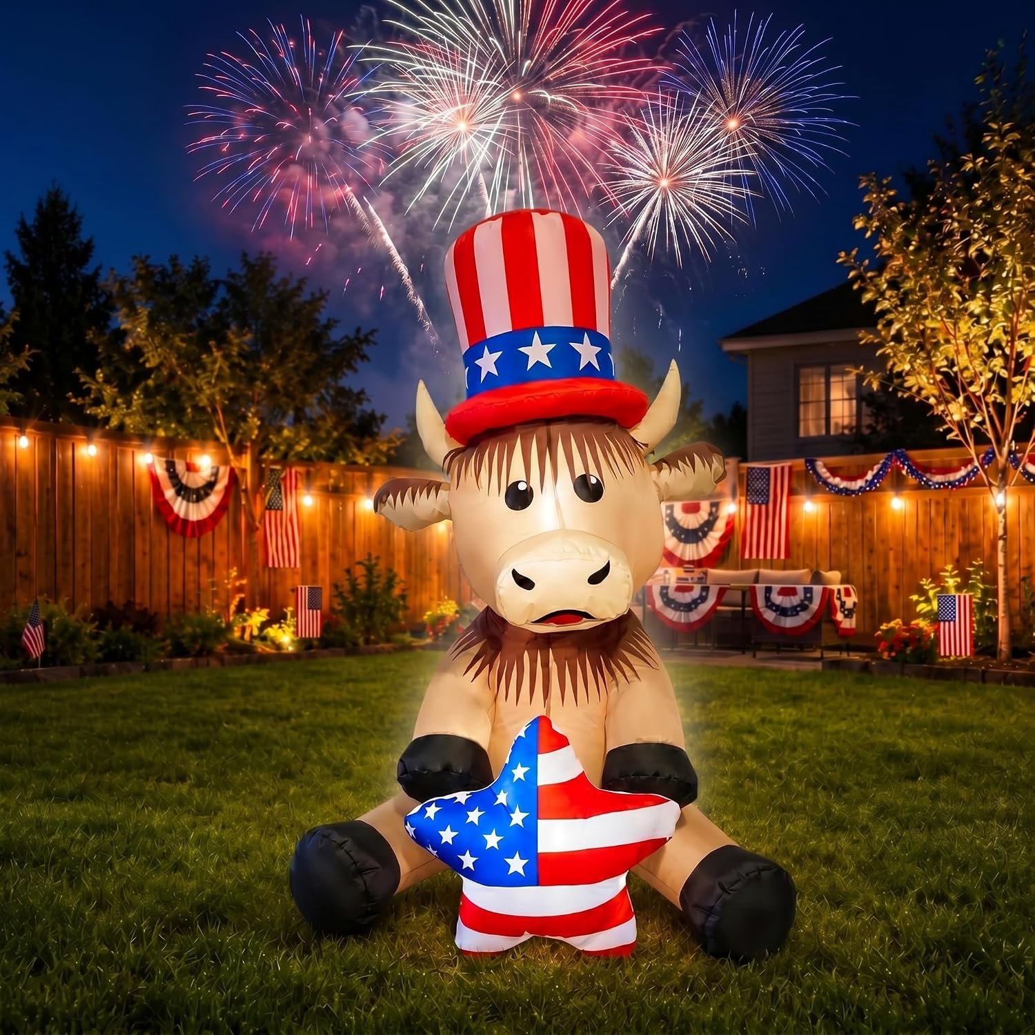 4FT Patriotic Independence Day 4th of July Inflatable Highland Cow Holding America Heart LED Lighted Blow Up Decoration Decor Home Yard Outdoor Indoor Decoration