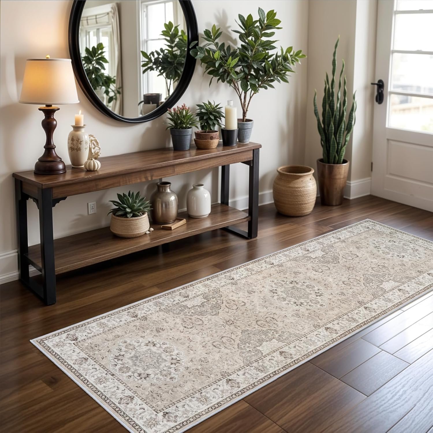 Washable 2×8 Hallway Runner Rug: Vintage Water Resistant Kitchen Entryway Rug Ultra Soft Living Room Bedroom Carpet with Non Slip Backing Indoor Low Pile Floor Mat for Bathroom Dining Room(2×8,Beige)