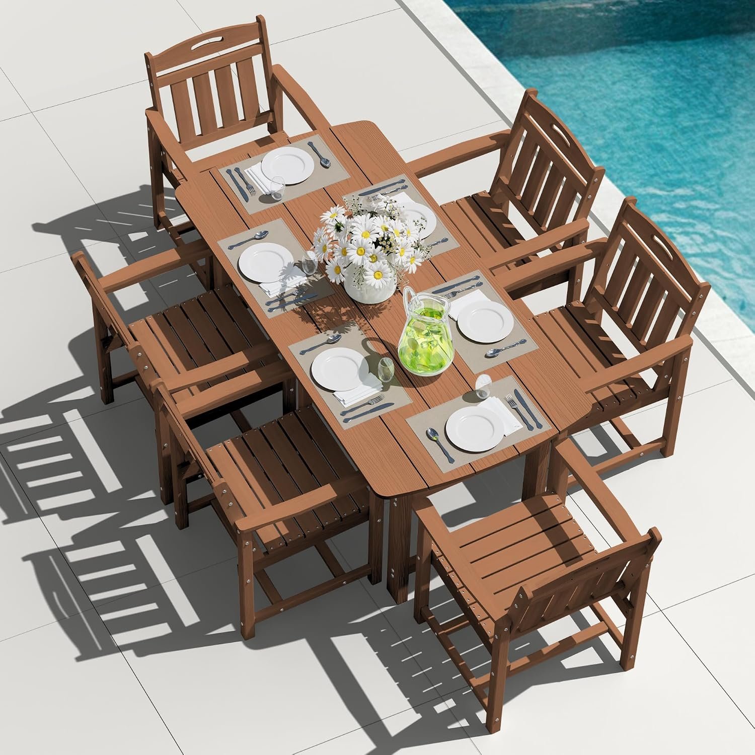 HDPE Outdoor Dining Set, Patio Table and Chairs Set, All-Weather 7-Piece Outside Table and 6 Chairs, 2″ Umbrella Hole, Outdoor Furniture for Garden, Poolside, Backyard, Deck | Teak