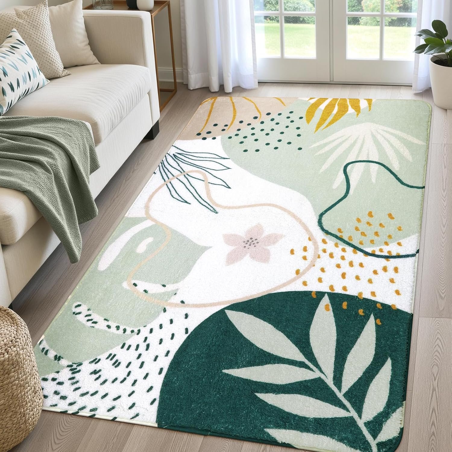 Lahome Green Botanical Print Small Throw Rugs Modern Abstract Non-Slip 3×5 Minimalist Art Area Rug Accent Distressed WashableFloor Carpet for Living Room Bedroom Entryway