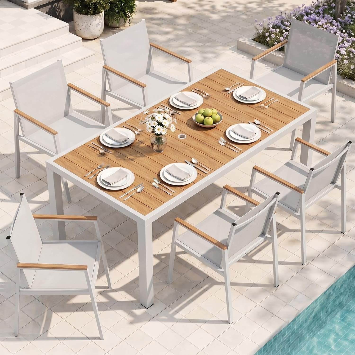 Outdoor Dining Set, 7 Piece Aluminum Patio Table and Chairs Set, All Weather Patio Dining Furniture Set with Umbrella Hole for Backyard, Deck, Poolside (White-Teak)