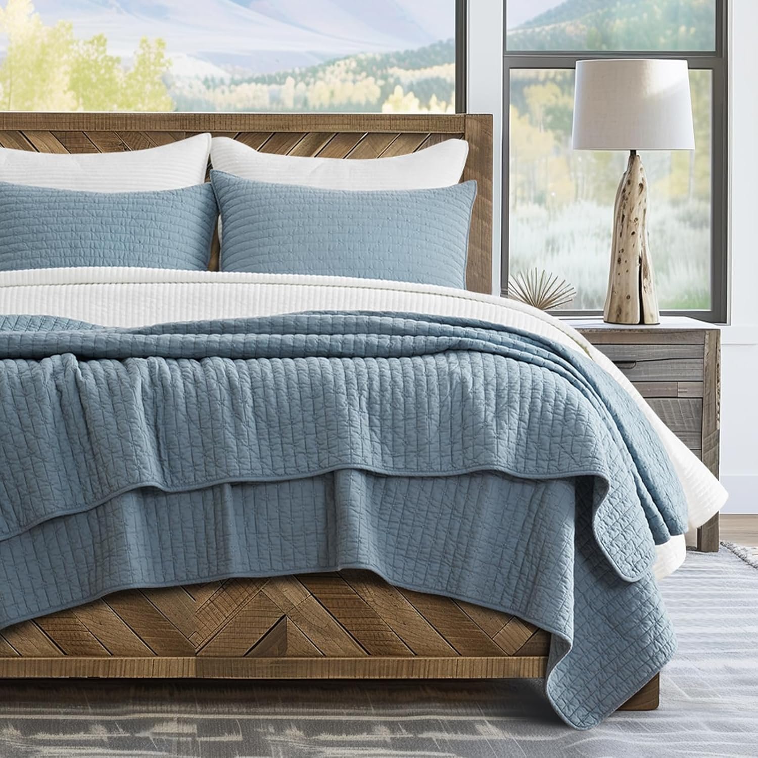 EVERGRACE x Kinsey Walsh Cross Stitch Pre-Washed Cotton Quilt Bedding Set Queen Size, Oversized 3 Pieces Lightweight Bedspread Coverlet for All Season, with 2 Matching Shams, Dusty Blue, 92″x96″