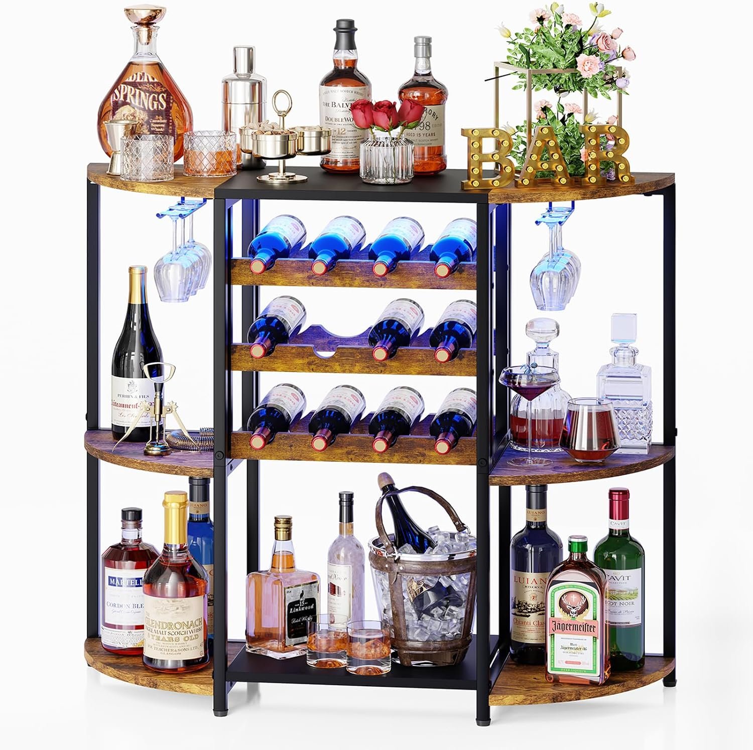 JKsmart Small Wine Bar Cart with LED Lights, Mini Wine Rack with Storage and Glass Holder, Home Bar Cart for Liquor, 3-Tier Bar Table for Kitchen, Dining Room, Living Room, Rustic Brown