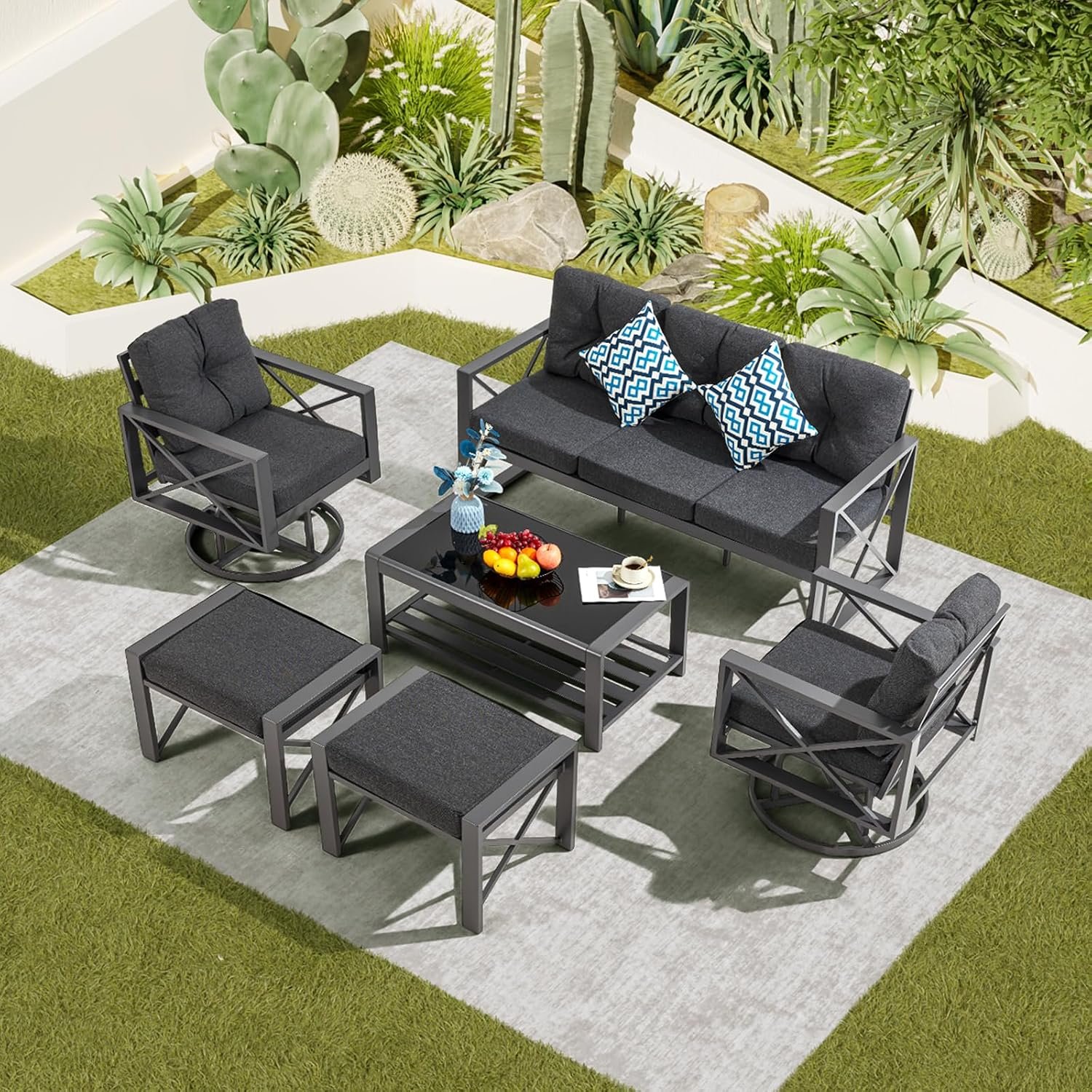 6 Pieces Metal Patio Furniture Set, Outdoor Seating Furniture with Swivel Chairs and Ottoman Ideal for Indoor Porch Deck Bistro Lawn Garden Backyard Poolside, Gray