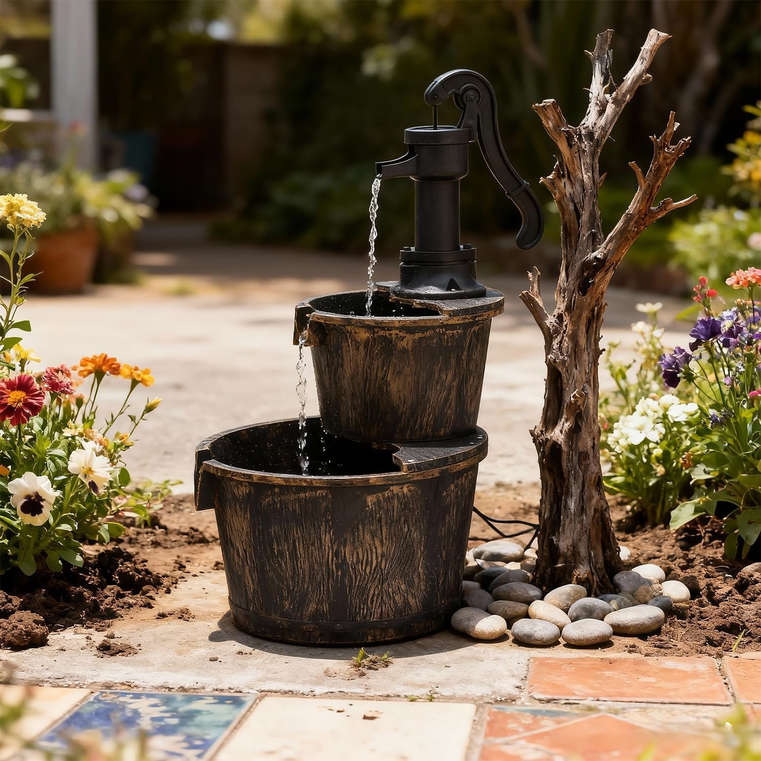 Athena Collection 27” Height Electric Waterfall Fountain 2 Tier Stepped Barrel Vintage Fountain Polypropylene with Pump Freestanding Floor Tabletop Fountain for Outside, Patio, Garden, Bronze