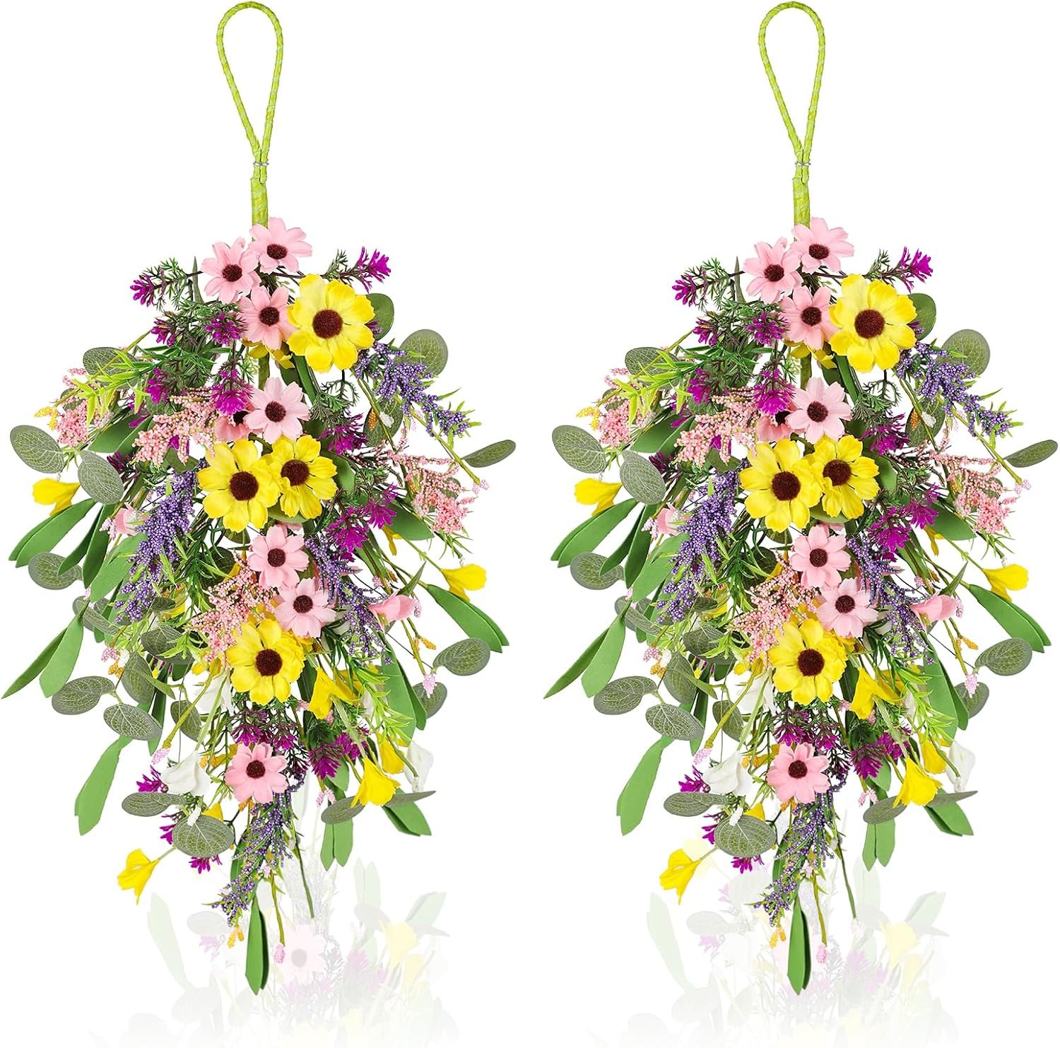 2 Pcs Spring Swags for Front Door, 23.6″ Artificial Floral Teardrop Swags with Sunflowers Daisies Lavender, Spring Porch Decor Swag for Farmhouse Wall Window Cabinet Easter Decorations