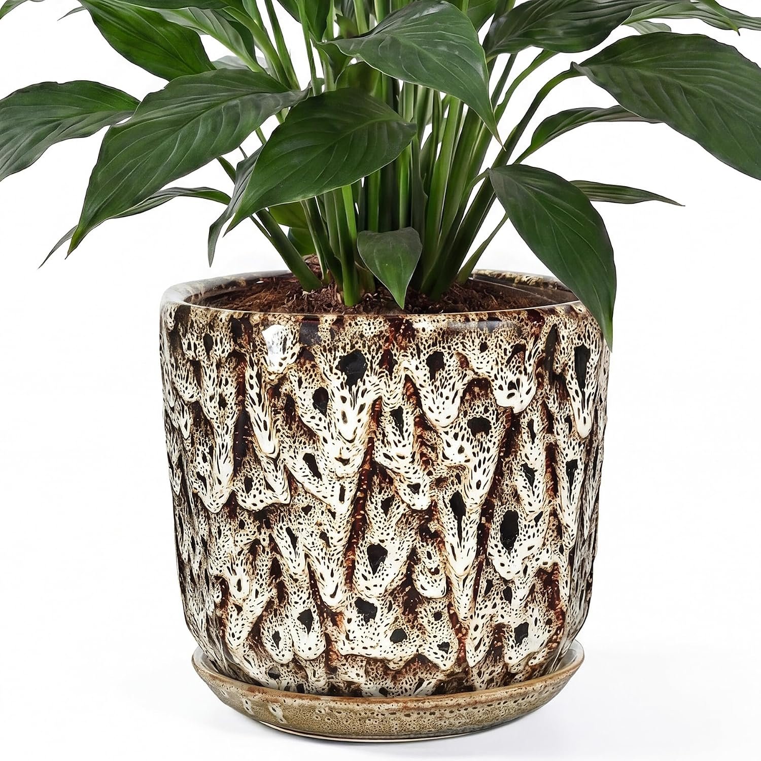 10 Inch Ceramic Plant Pot with Drainage Hole Mesh Net, Large Flower Pots for Indoor Plants with Saucer, Gardening Pots Outdoor