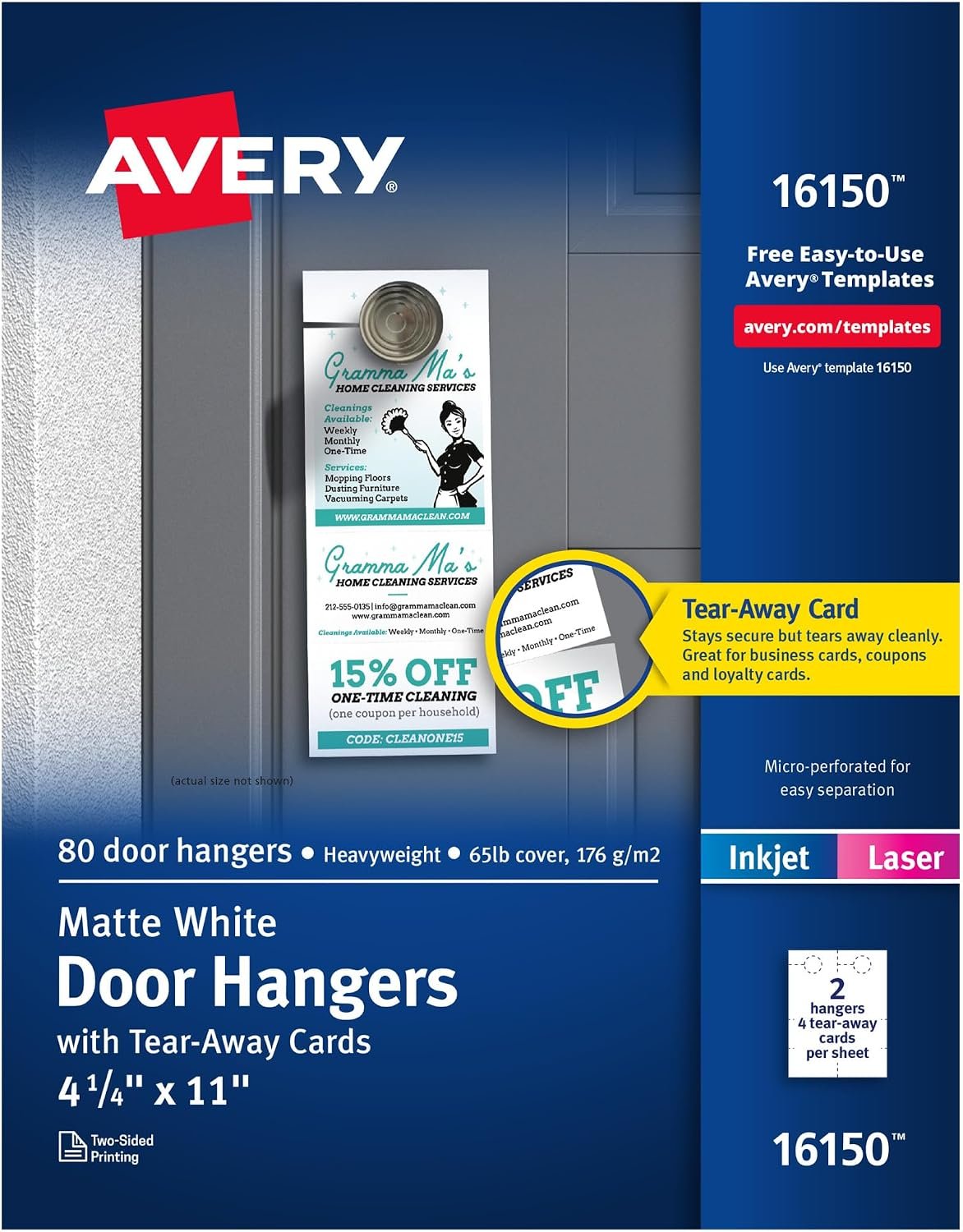 Avery Printable Door Hangers with Tear-Away Cards, 4.25″ x 11″, Matte White, 80 Blank Door Hangers for Laser and Inkjet Printers (16150)