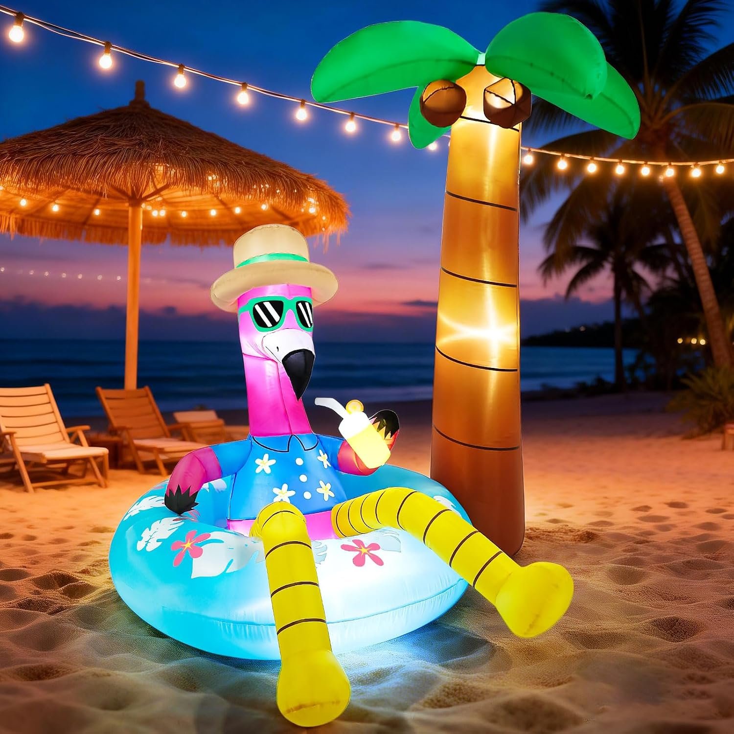 Inflatable Flamingo Outdoor Decorations with Palm Tree 6FT Hawaiian Blow up Decoration Summer Inflatables with LED Lights for Tropical Luau Party Beach Pool Supplies Yard Garden Lawn Décor