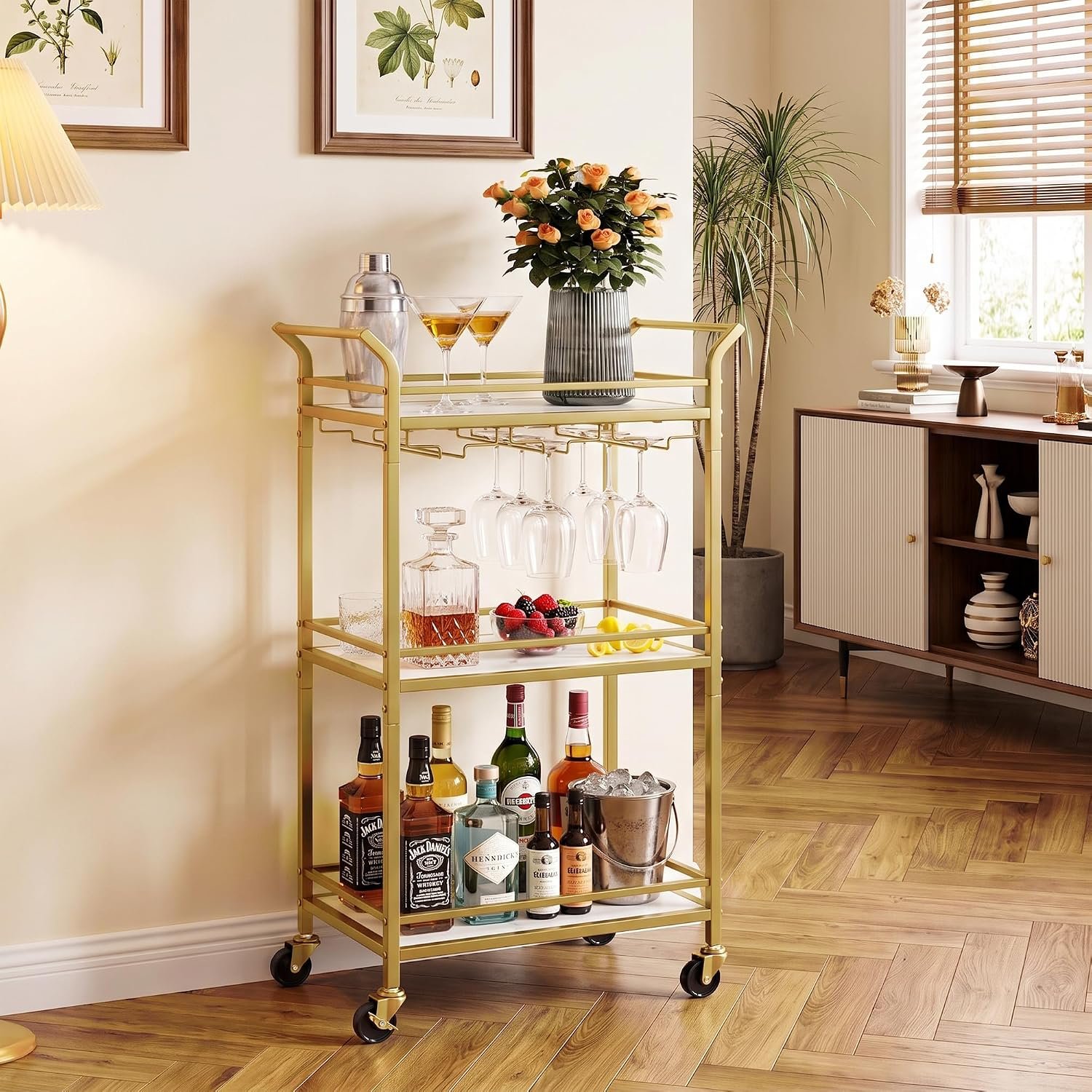VASAGLE Bar Cart, Home Bar Serving Cart with 3 Tiers, Kitchen Shelf with Wine Rack, Glass Holders, for Small Spaces, Dining Room, Living Room, Pale Gold ULRC101A01