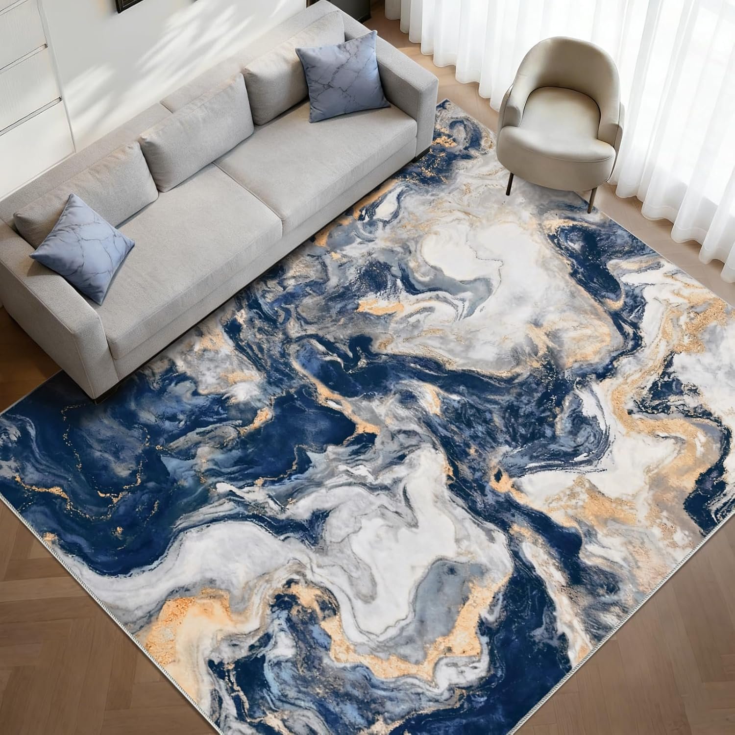Yinhua Marble Rug 5×7, Blue and Gold Washable Rug Non Slip, Soft Faux Wool Modern Rugs Non Shedding, Low Pile Abstract Area Rugs Non Skid, Stain Resistant Floor Carpet for Living Room Bedroom Office