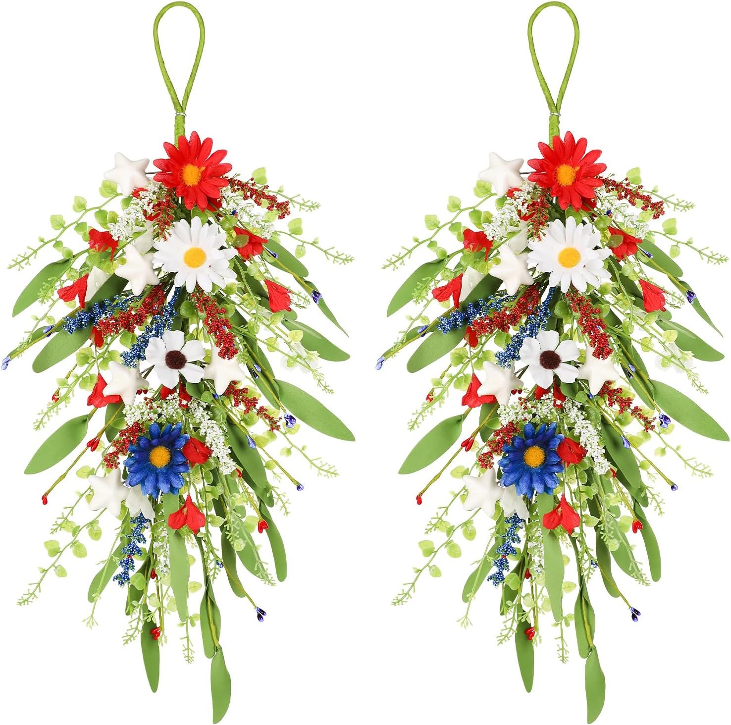 2 Pack Patriotic Floral Teardrop Swag, Red White and Blue Hanging Flowers, Patriotic Swag Wreath for Front Door, 22 Inch Artificial Floral Swag for 4th of July, Memorial Day, Independence Day