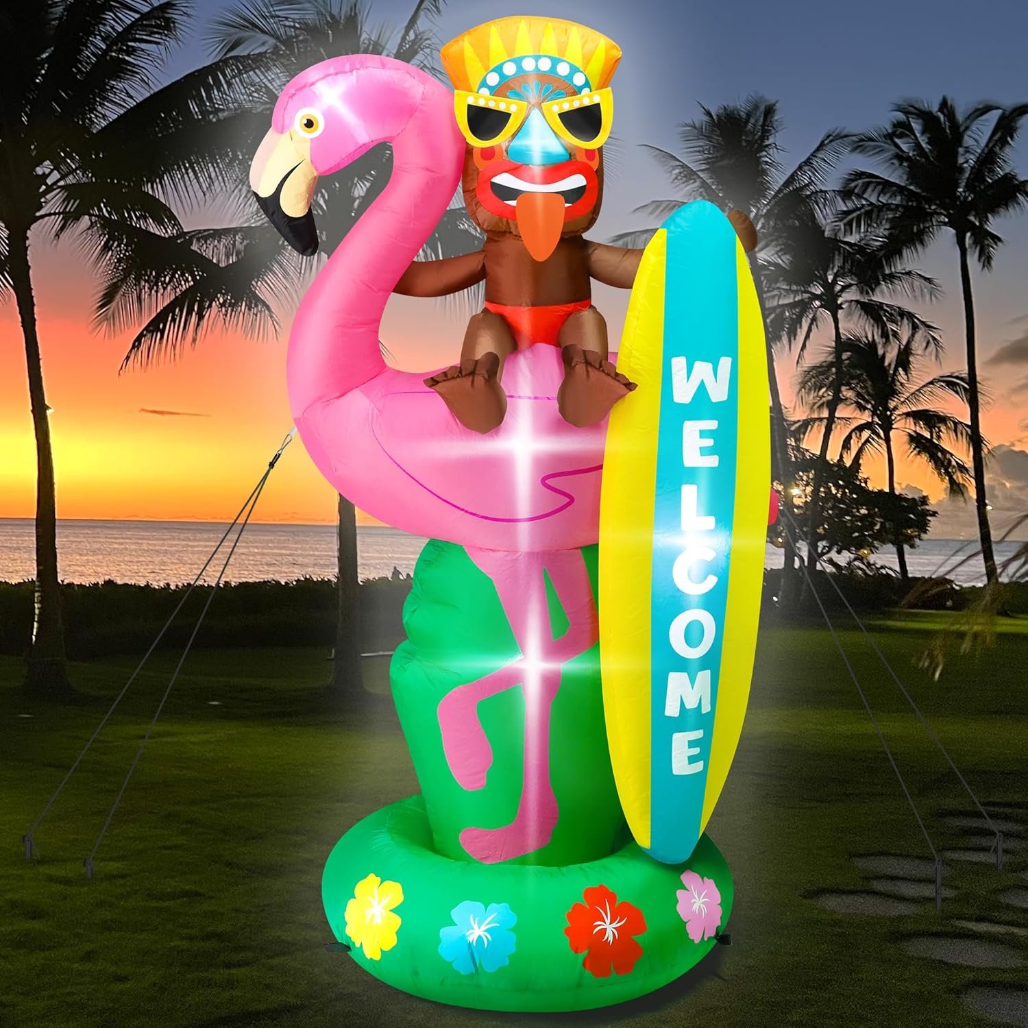 6FT Hawaiian Inflatables, Outdoor Inflatable Tiki Flamingo Decor, Blow Up Luau Hawaiian Beach Decorations, LED Lighted Tiki Outdoor Decoration for Summer Beach Party Tropical Pool Yard