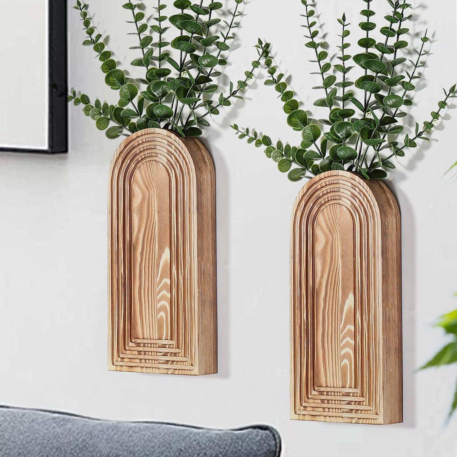Dnnnii 2 Pack Wooden Wall Vase Set – Brown Finish Modern Farmhouse & Boho Wall Decor for Entryway, Hallway, Bathroom, Living Room, Dining Room, Narrow Spaces