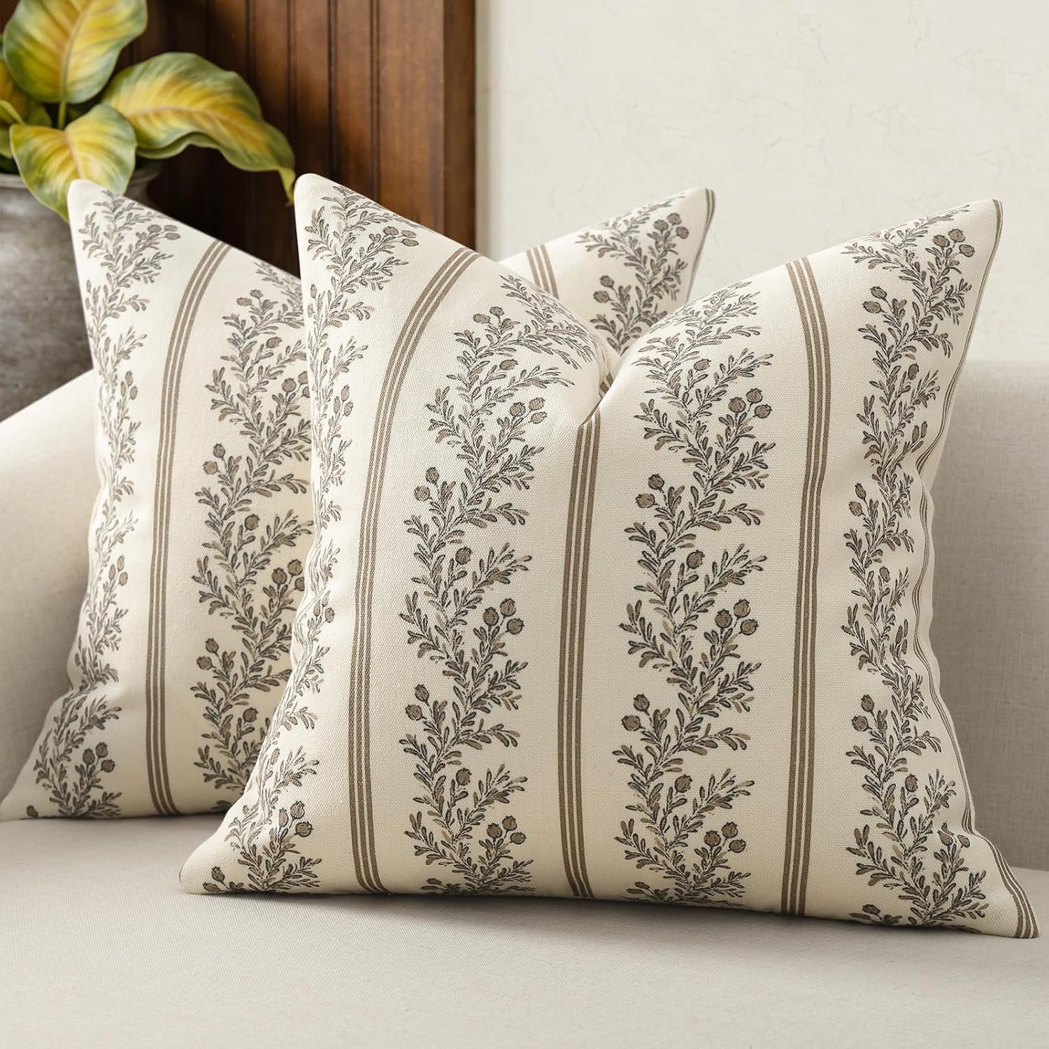 Vintage Throw Pillow Covers 18×18 Set of 2, Striped Floral Pillow Cover Botanical Patterned Decorative Cushion Covers Modern Farmhouse Home Decor for Sofa Couch Bed Living Room, Chocolate