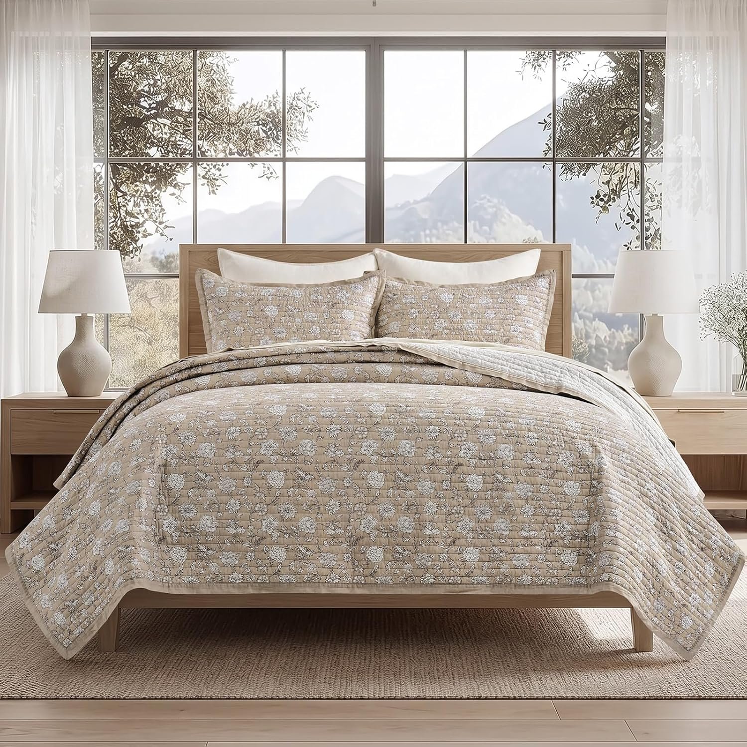 EVERGRACE Cotton Quilt Set King Size, 100% Cotton Reversible Lightweight Bedspread Coverlet, Vintage Floral Farmhouse Bedding, Traditional Botanical Quilt with 2 Pillow Shams, Sandstone Beige 108″×96″