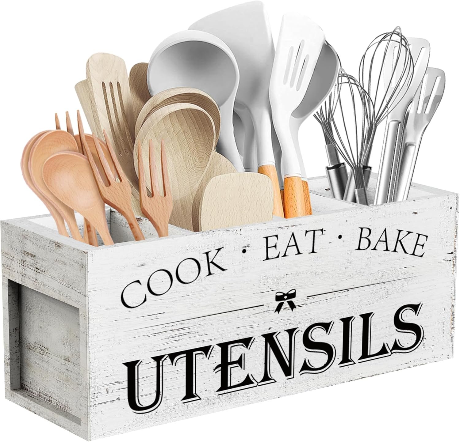 Suli Extra Large Kitchen Utensils Holder with 4 Compartments, Wooden Utensil Organizer for Kitchen Countertop, Farmhouse Decor, Rustic Cooking Utensil – White grain