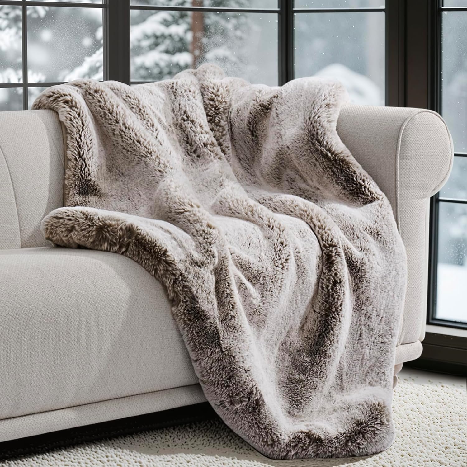 EVERGRACEHOME Luxury Soft Faux Chinchilla Fur Throw Blanket for Couch, Warm Thick Heavy Winter Throw Blanket 1220GSM for Bed, Fluffy Cozy Mink Blanket with Reversible Velvet, Champagne Fawn, 50″x60″
