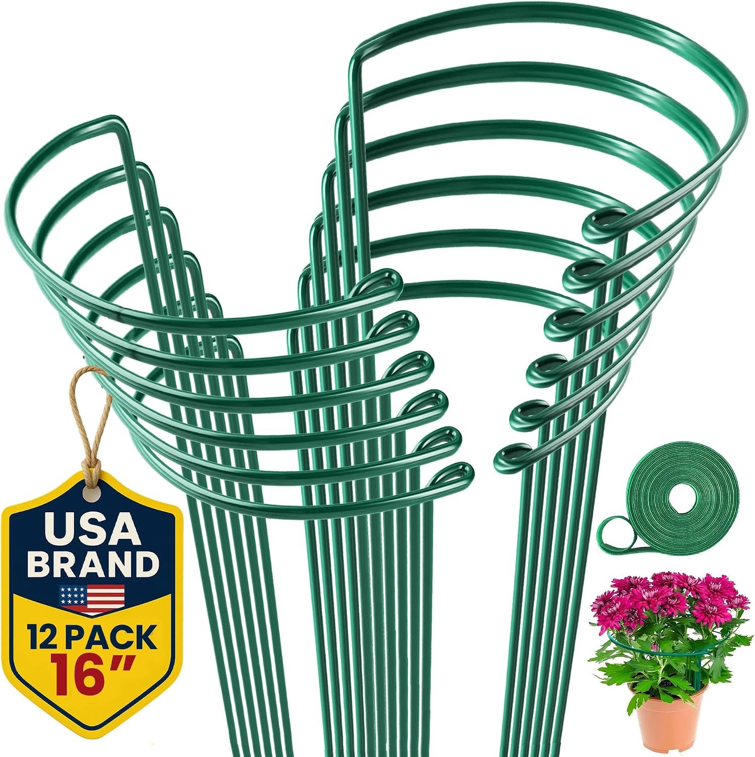 K-Brands 12 Pack Plant Support Stakes – Heavy-Duty Half Round Peony Support Ring and Cage for Indoor and Outdoor Plants – Peony, Tomato, Hydrangea, Rose 10″ Wide x 16″ High