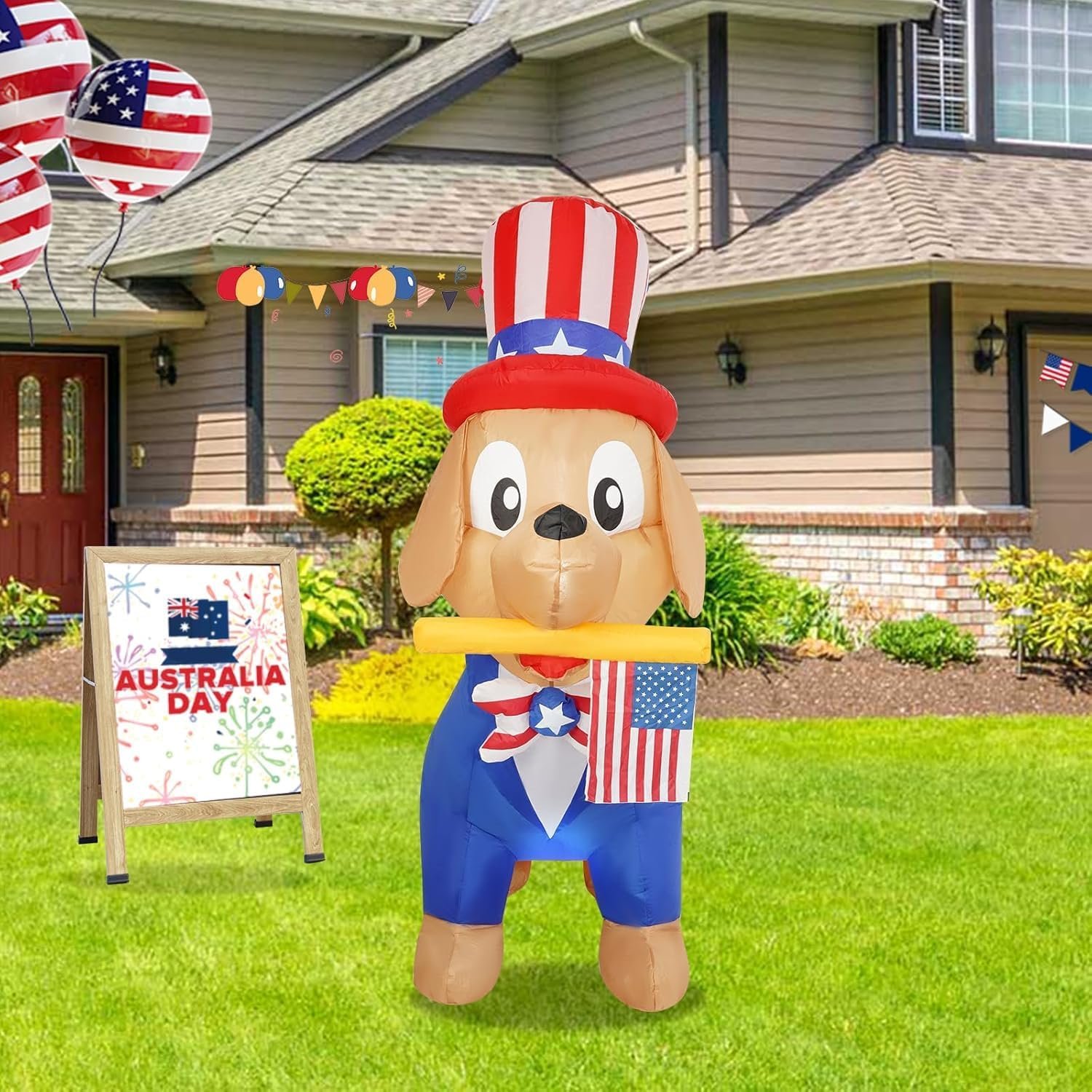 4FT 4th of July Inflatable Patriotic Dog Blow Up Independence Day Dog with LED Lights for Outdoor and Indoor Parties Festival Patio Inflatable Decorations Patriotic Holiday Decorations