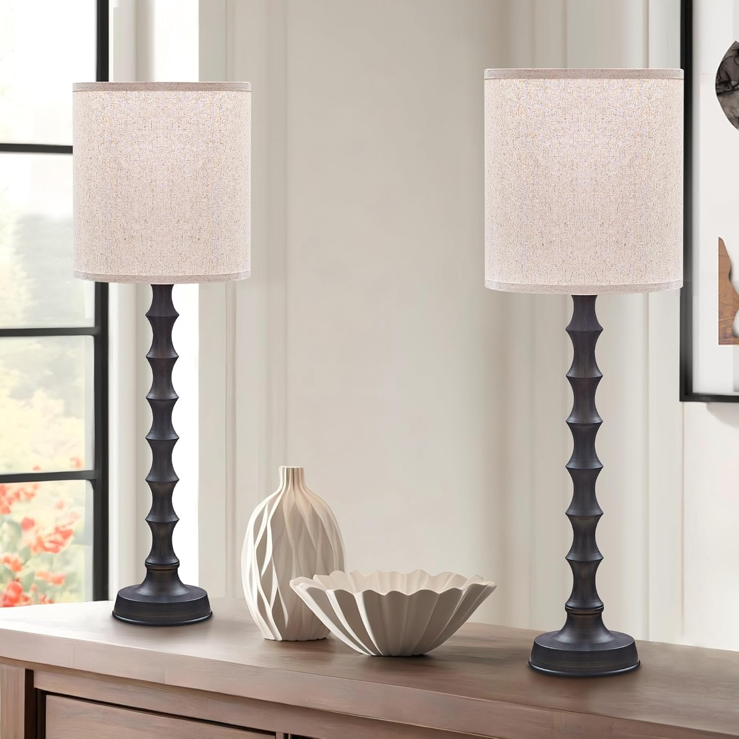 EUO Table Lamps Set of 2, 30.5″ Tall Farmhouse Candlestick Lamps – Oil Rubbed Bronze Buffet Lamps with Oatmeal Linen Shade for Dining Room, Kitchen, Living Room