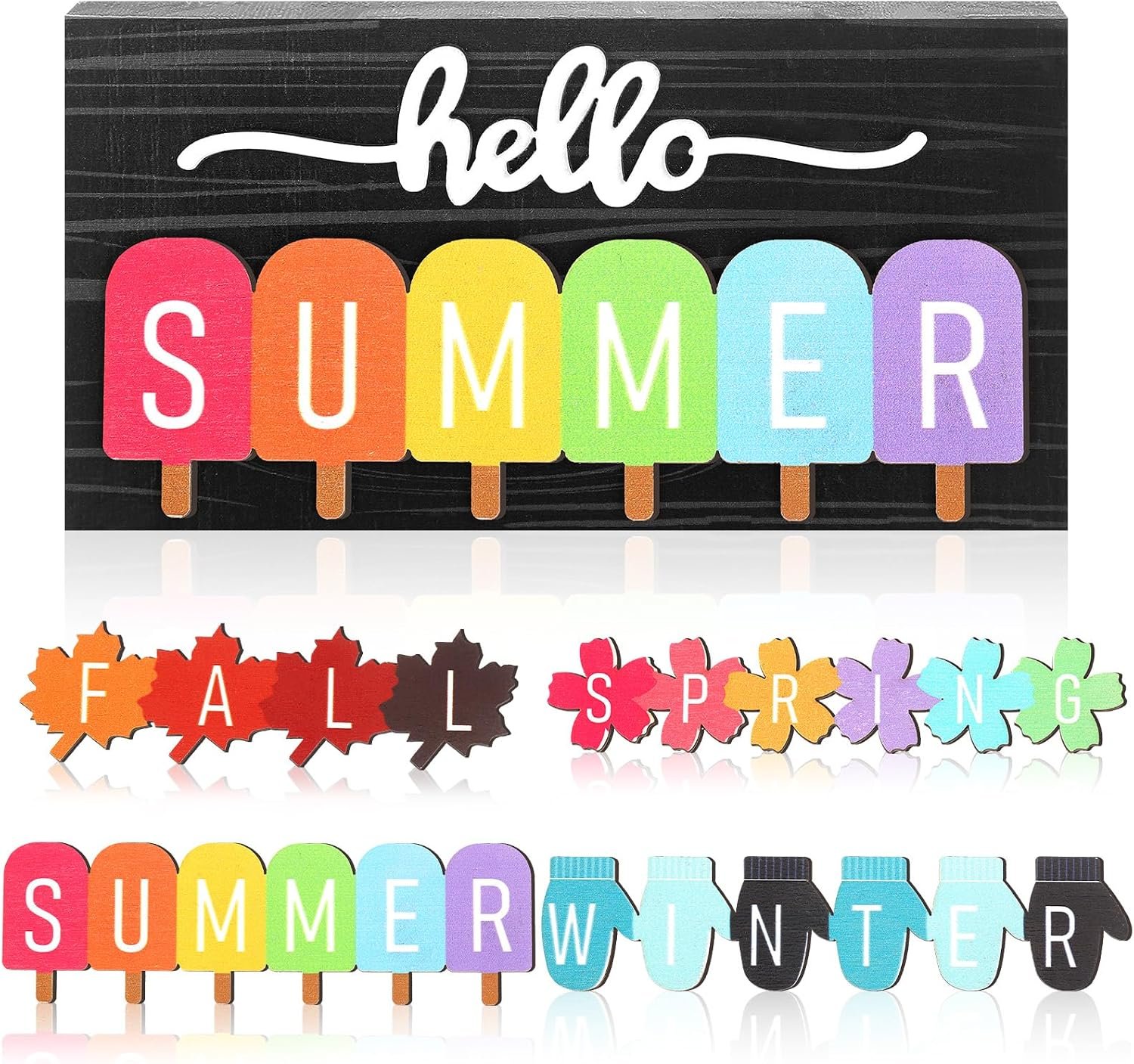 Roowest 5 Pcs Hello Summer Interchangeable Sign Seasonal Sign Fall Winter Spring Tiered Tray Decor 5.9 x 3 Inch Wooden 4 Seasons Farmhouse Table Centerpiece Decoration for Home Shelf Office(Basic)