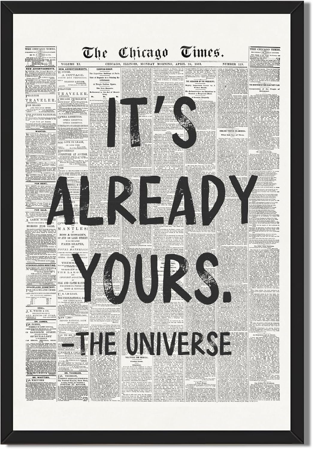 Framed Black And White Retro Newspaper Wall Art ItS Already Yours Universe Quote Poster Trendy Positive Inspirational Wall Decor for Bedroom Office Apartment Dorm Affirmation Canvas Print 8x12inch
