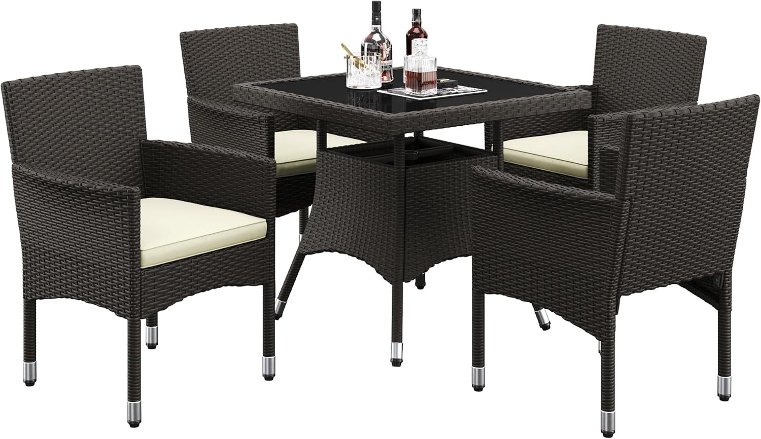 Yaheetech 5-Piece Patio Furniture Set, Outdoor Rattan 4 Dining Chairs & Tempered Glass Table with Umbrella Hole, for Garden Backyard Deck Balcony, Brown/Beige